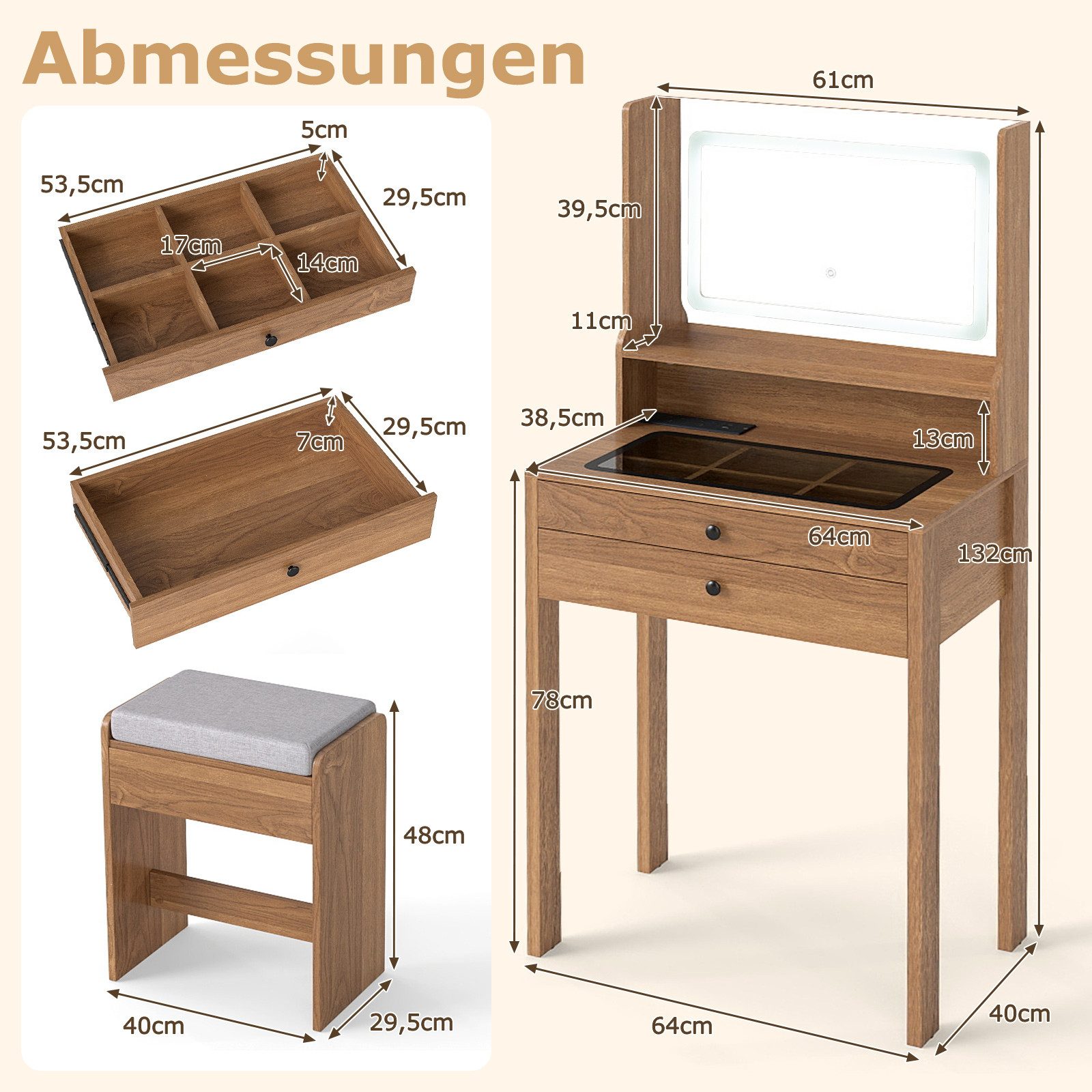 COSTWAY Schminktisch Kosmetiktisch mit LED Spiegel (1-St), Hocker, Steckdosen – Bild 5 von 5
