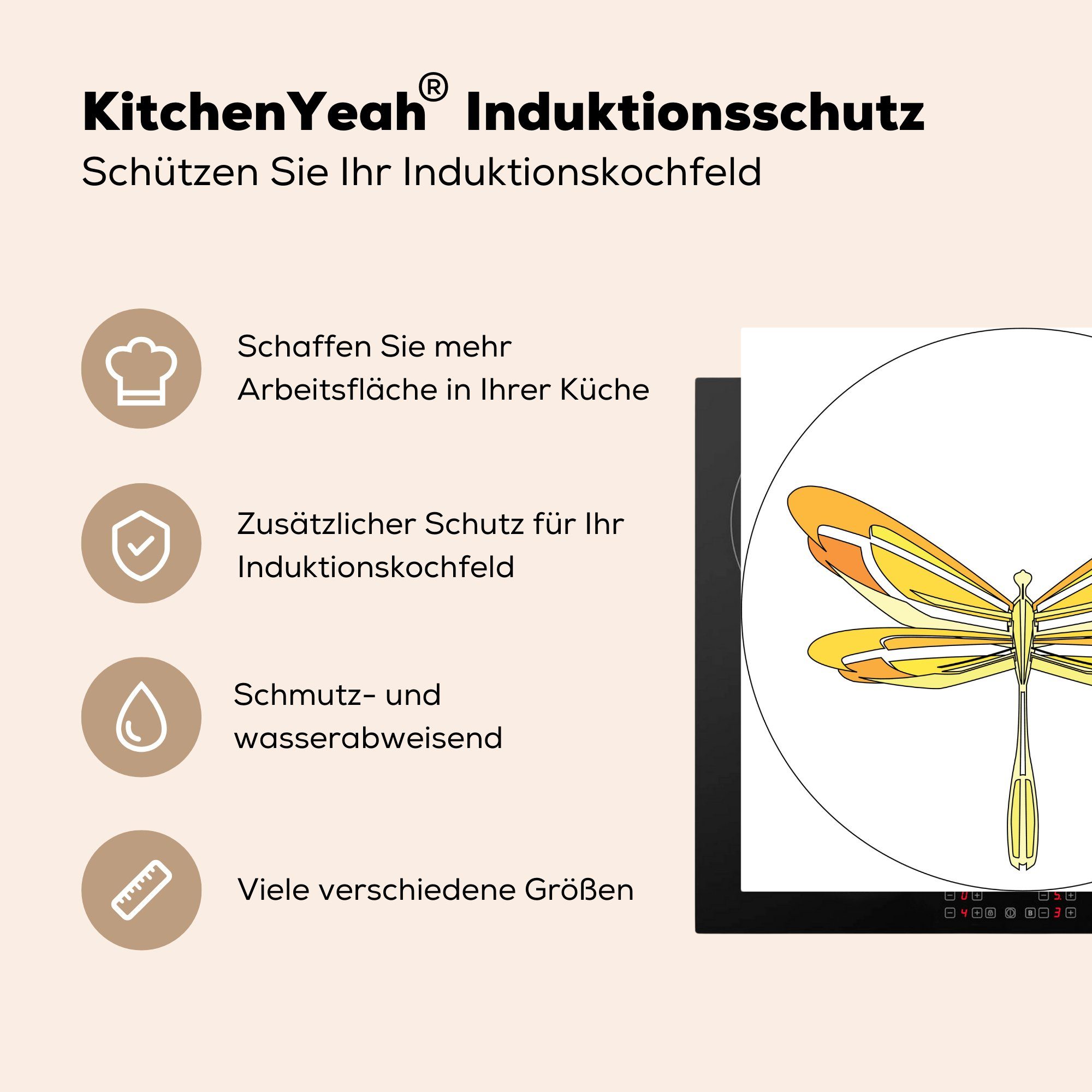 cm, 78x78 einer Vinyl, Herdblende-/Abdeckplatte Libelle, Arbeitsplatte tlg), für gelben MuchoWow Illustration küche Eine (1 Ceranfeldabdeckung,
