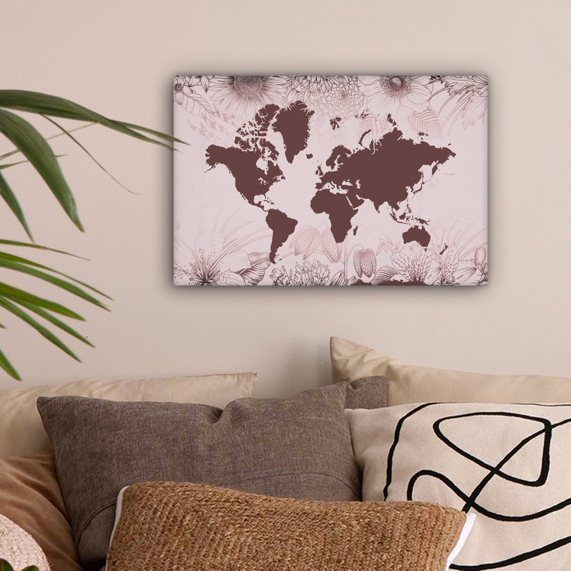 OneMillionCanvasses® Leinwandbild Weltkarte - Blumen - Lila, Fotodruck (1 S günstig online kaufen