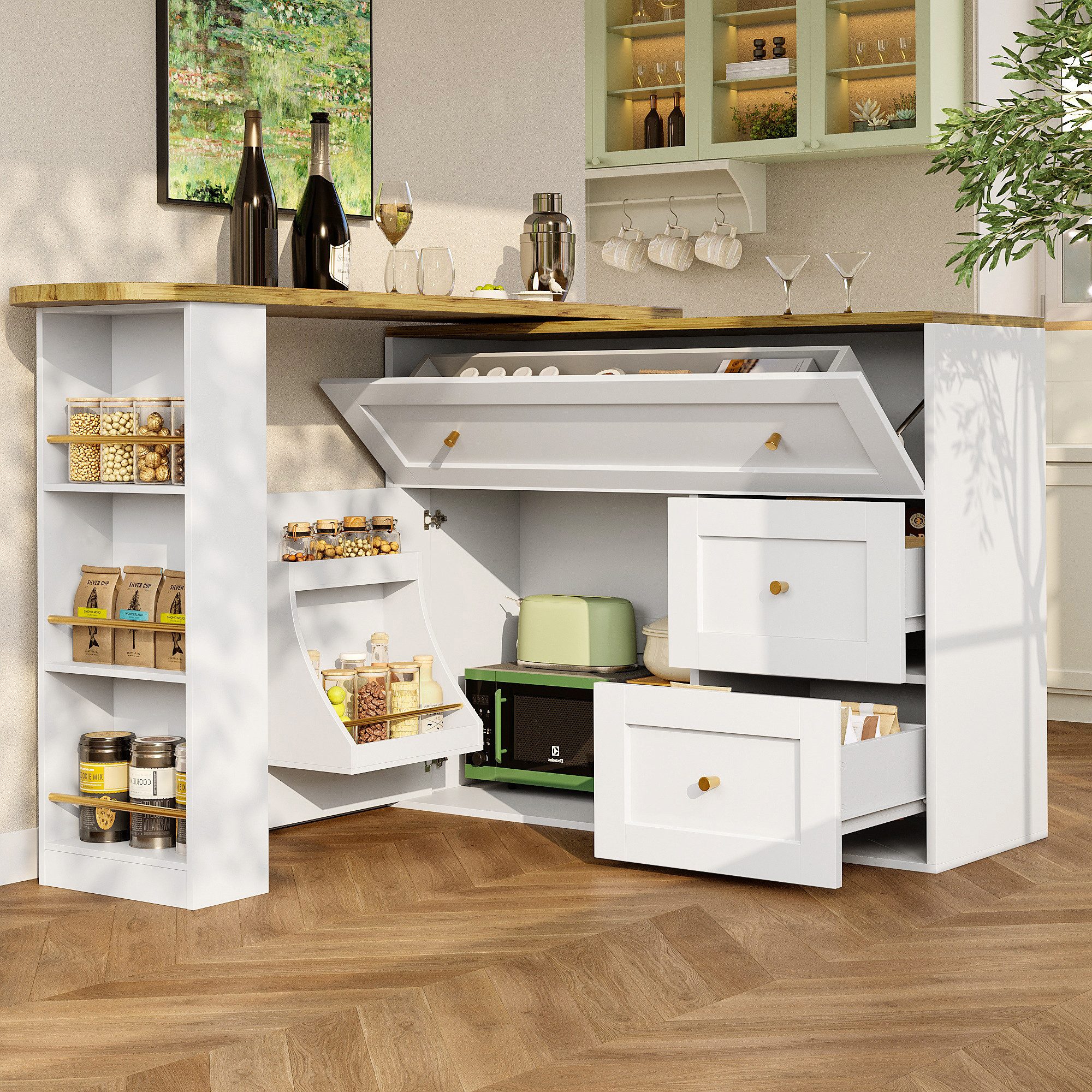 Flieks Bartisch 360° drehbar Stehtisch Kommode mit Schubladen, Türablage und Klappen (Länge 138-204/T39/H105 cm, 2-St., 2er Set), schwenkbar Küchenschrank Sideboard mit Tisch und Stauraum Kücheninsel
