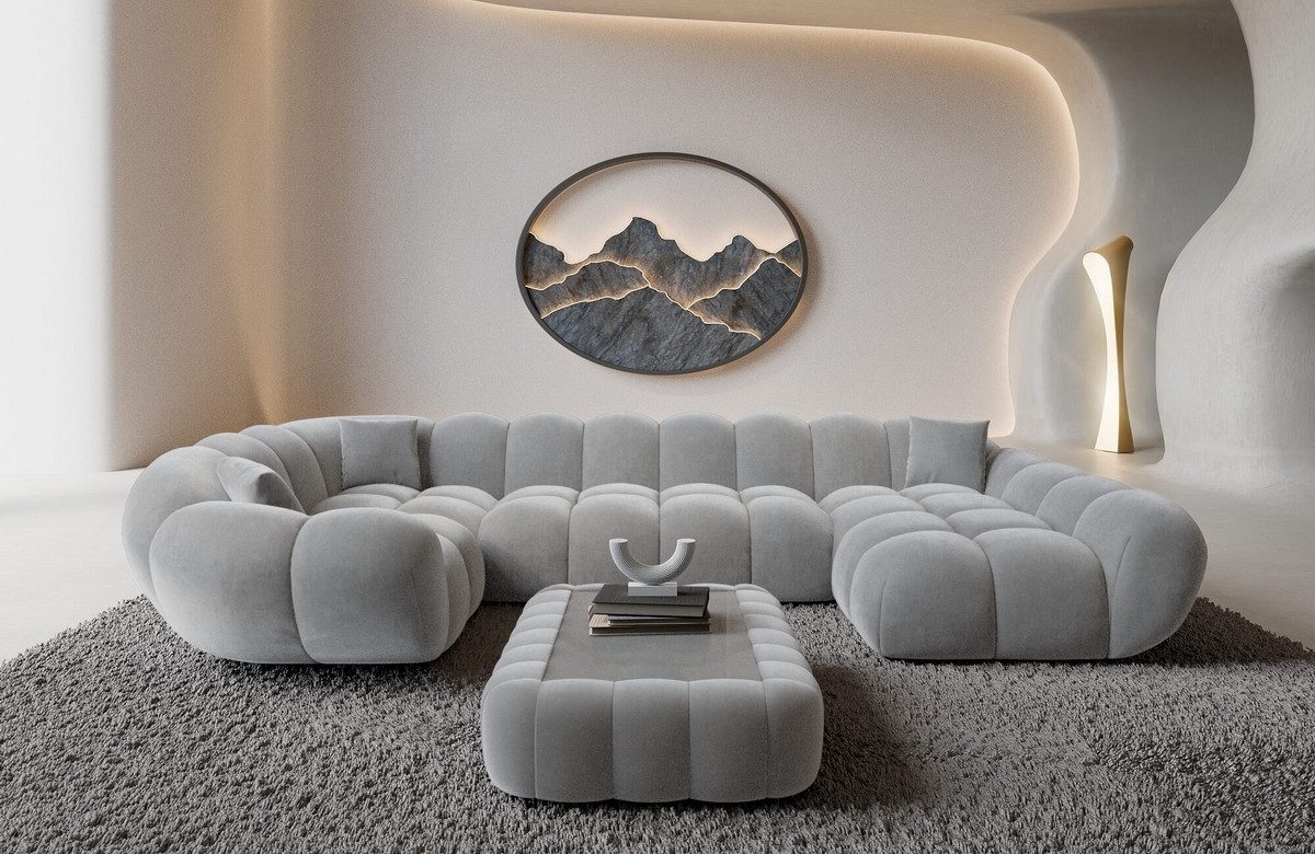 Sofa Dreams Wohnlandschaft Maleron U Form Design Stoffsofa, Stoff Polsterecke, 6-Sitzer, Ottomane rechts, Samtstoff Hellgrau
