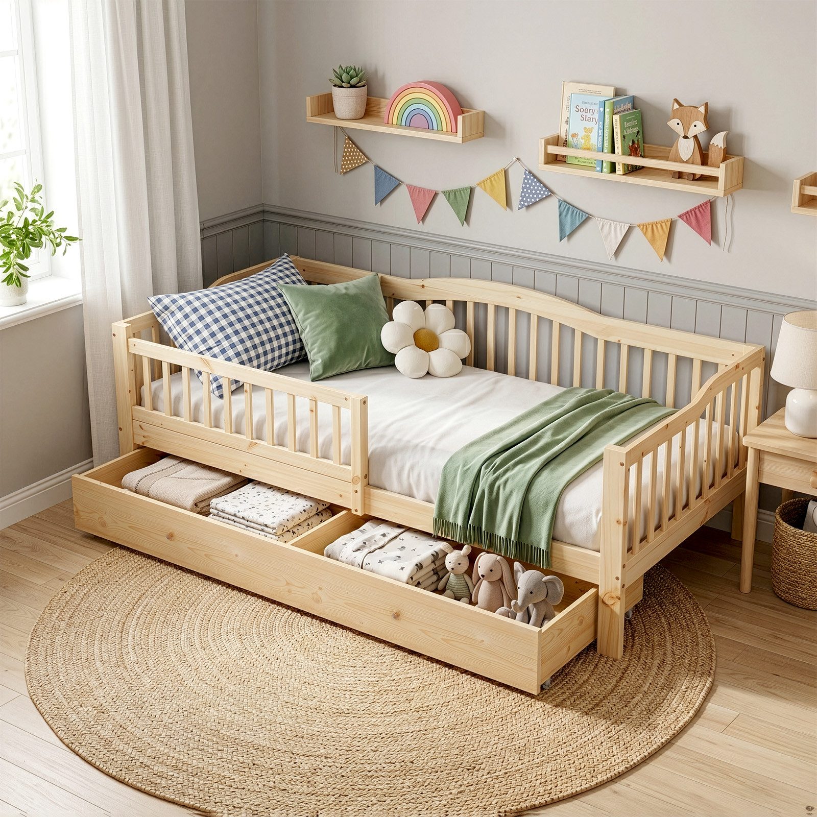 LEADZM Kinderbett mit Schubladen 70x140 / 80x160 / 90x200cm, Hausbett mit Lattenrost, Bodenbett mit Stauraum und Abnehmbarer Barriere, Naturbelassen