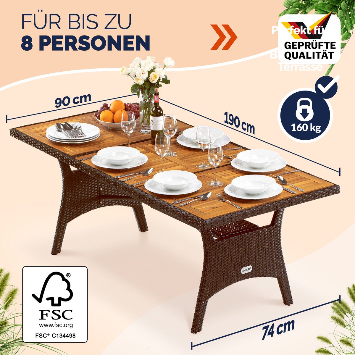 Casaria Gartentisch (1-St), Polyrattan mit Ablage FSC®- zertifiziertes Akazienholz 190x90cm