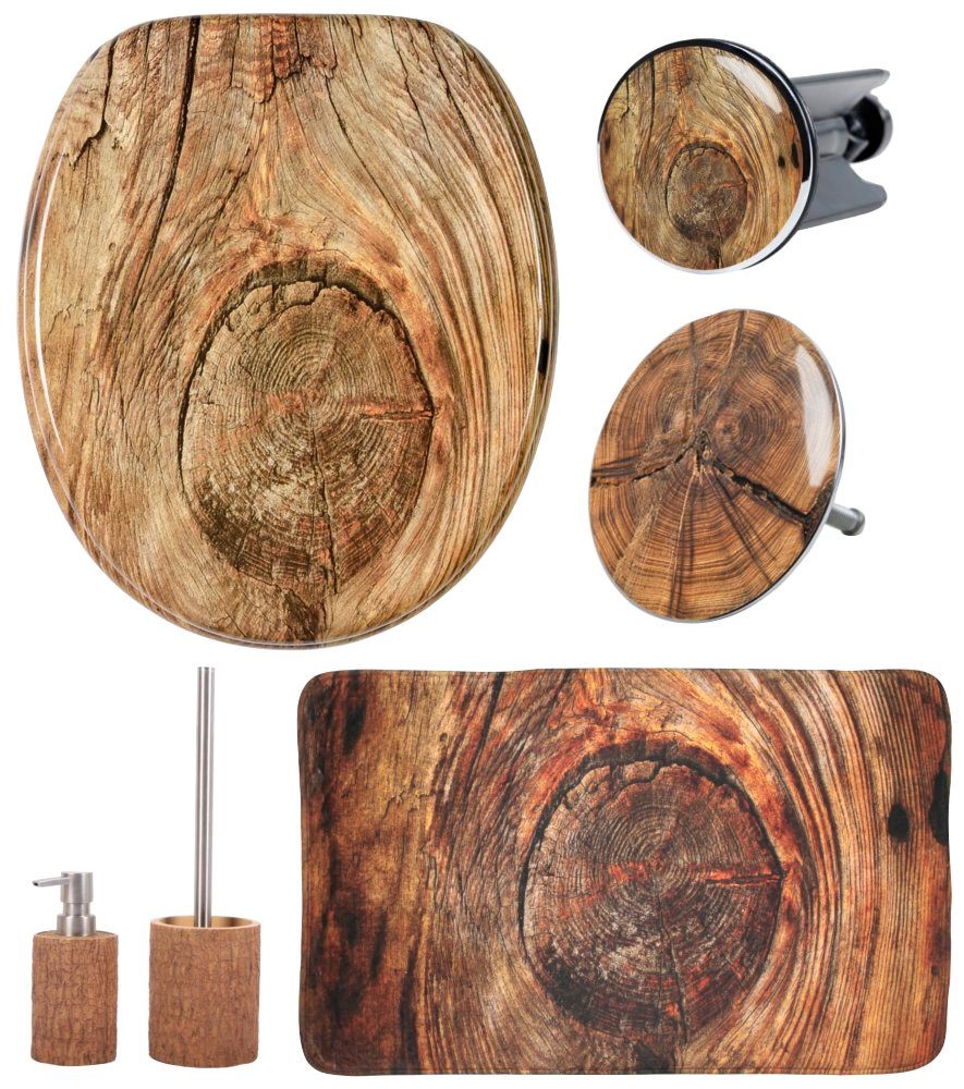 Sanilo Badaccessoire-Set Rustikal, Komplett-Set, 6 tlg., bestehend aus WC-Sitz, Badteppich, Stöpsel, Seifenspender, WC-Bürste