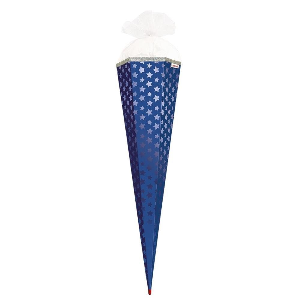 Roth Schultüte Ultramarinblau-Sterne mit Folieneffekt, 85 cm, eckig, mit weißem Tüllverschluss, Rot(h)-Spitze