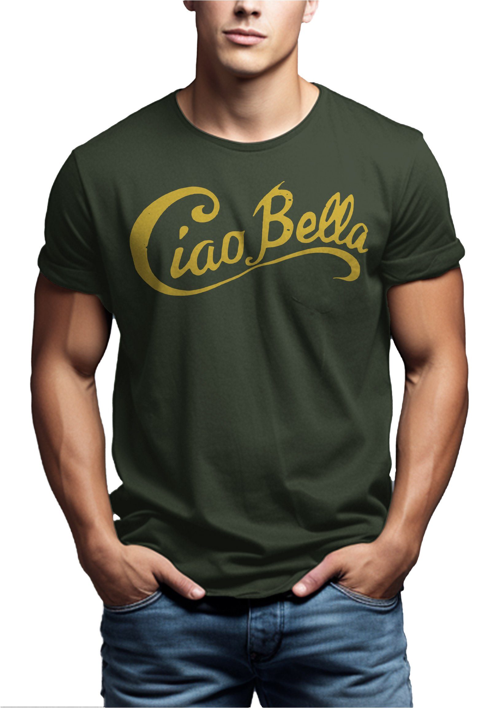 Logo, Coole Bella Print-Shirt MAKAYA Style Italien Spruch Grün Mode Motiv Ciao Italienischer Herren