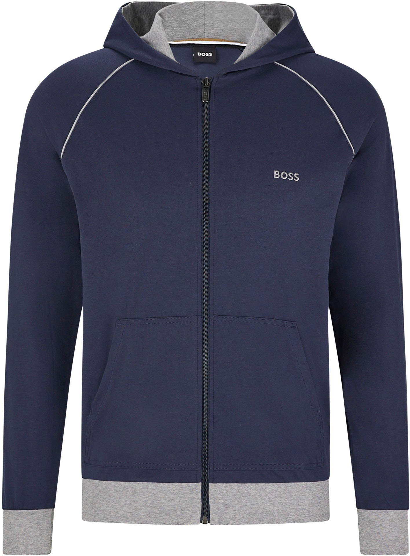 BOSS Kapuzensweatjacke mit kontrastfarbigen Bündchen navy-grau-meliert