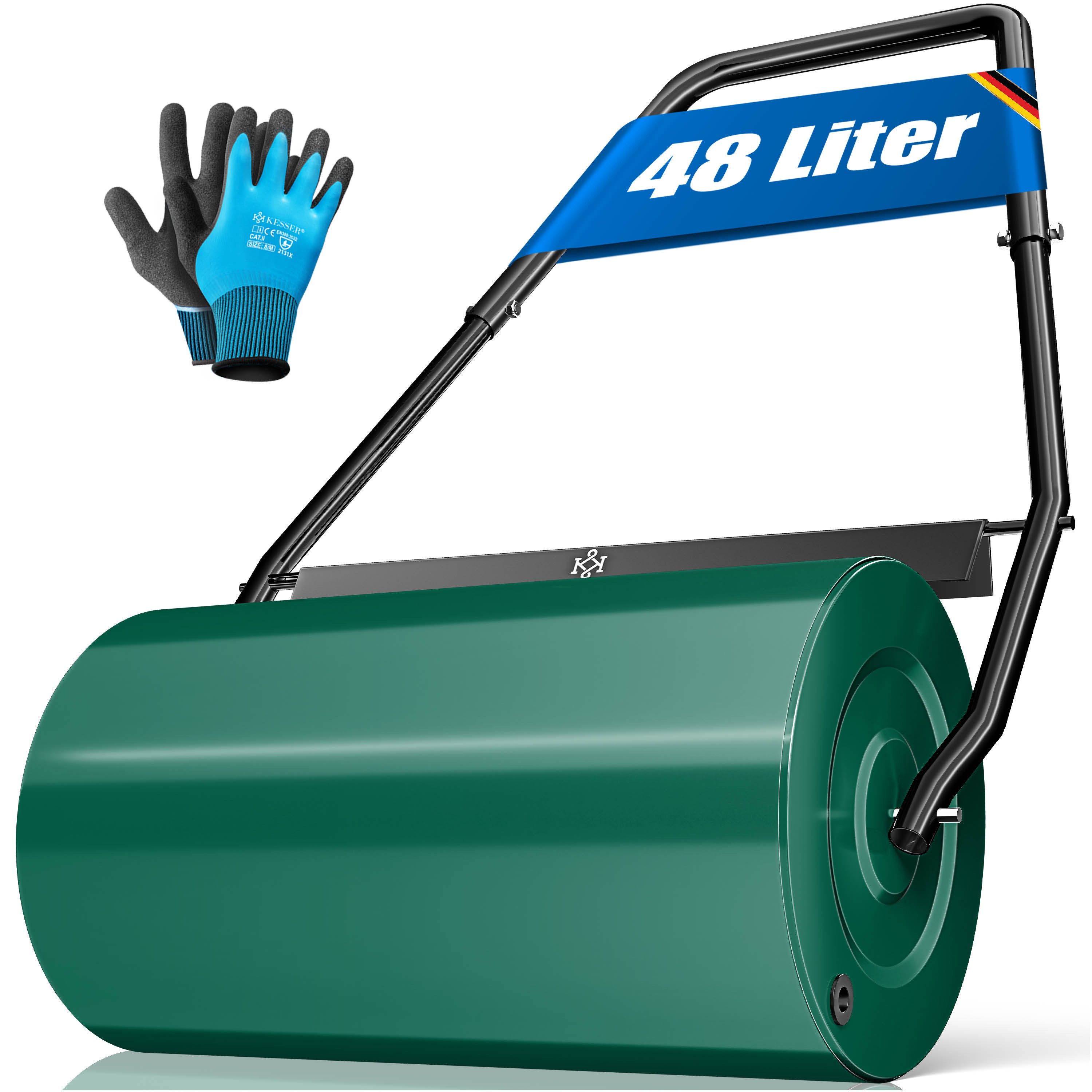 KESSER Rasenwalze Metall befüllbar mit Wasser oder Sand, Rasenroller inklusive Handschuhe,Gartenwalze mit 48 Liter Füllvolumen / 60 cm breit Handwalze