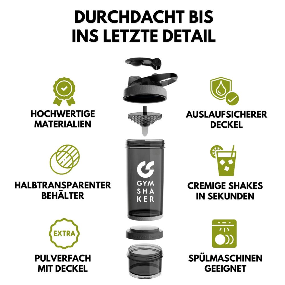 GYMSHAKER Protein Shaker mit Pulverfach - Trinkflasche für Fitness, Sport & Bodybuilding
