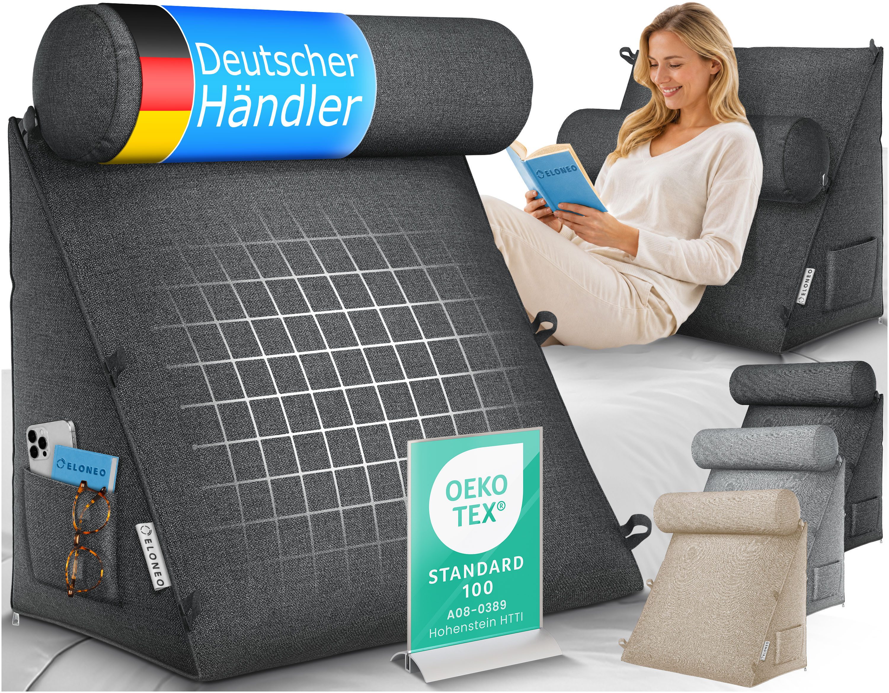 ELONEO Rückenkissen mit Nackenrolle für Bett & Sofa, 55x50x30cm, waschbarer Bezug