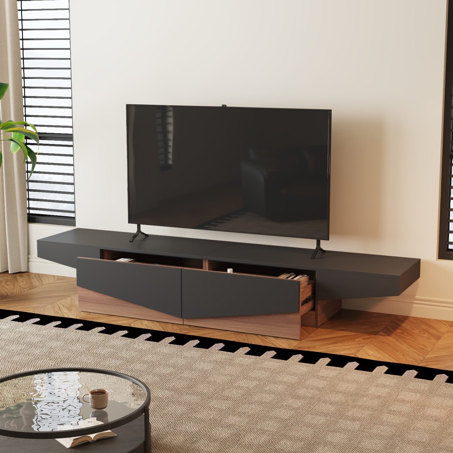 FUFU&GAGA Lowboard TV-Lowboard, Weiß und schwarz, 40 x 200 x 30.5 cm, Industriestil, MDF