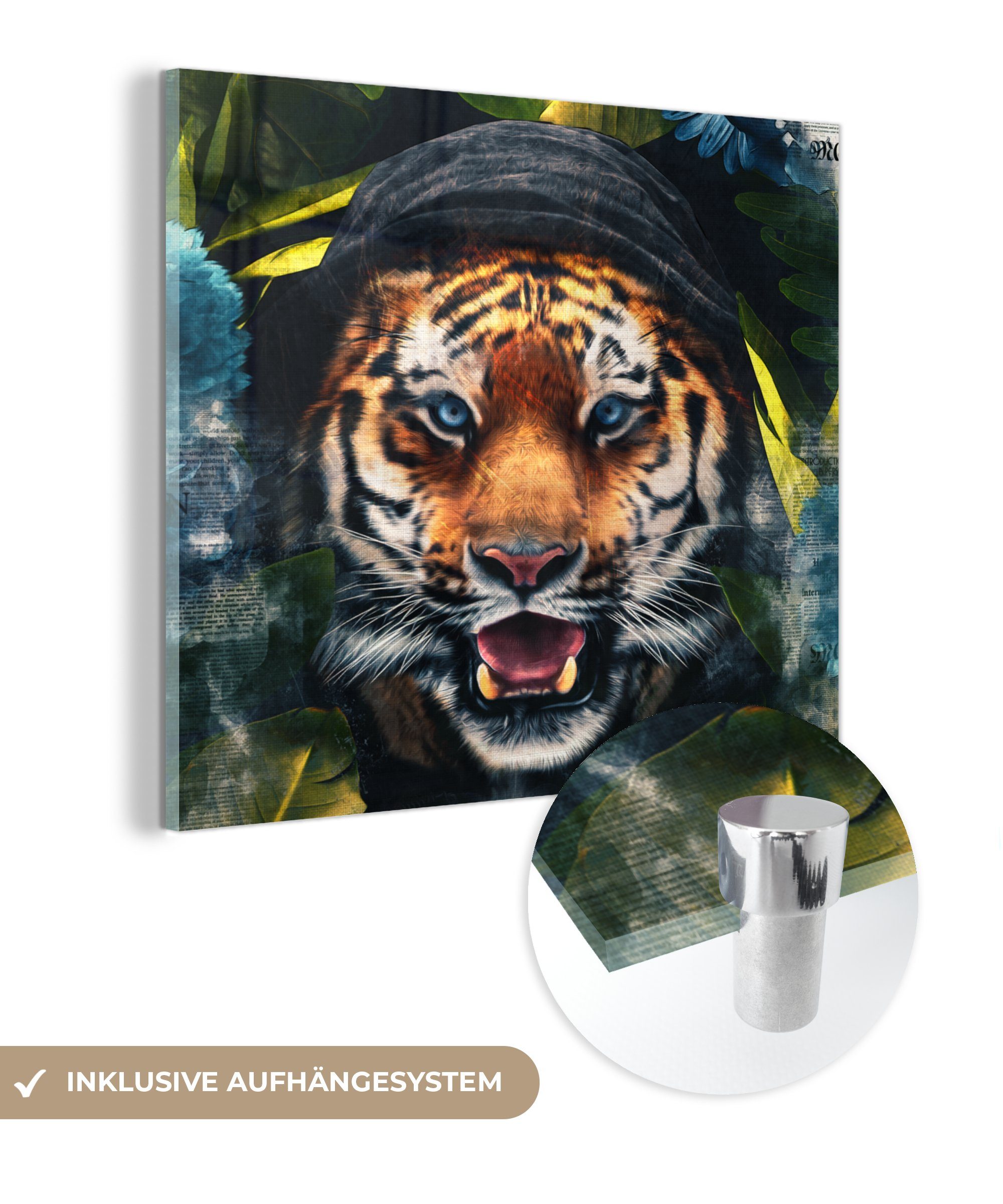 MuchoWow Acrylglasbild Tiger - Blumen - Blau, (1 St), Glasbilder - Bilder auf Glas Wandbild - Foto auf Glas - Wanddekoration