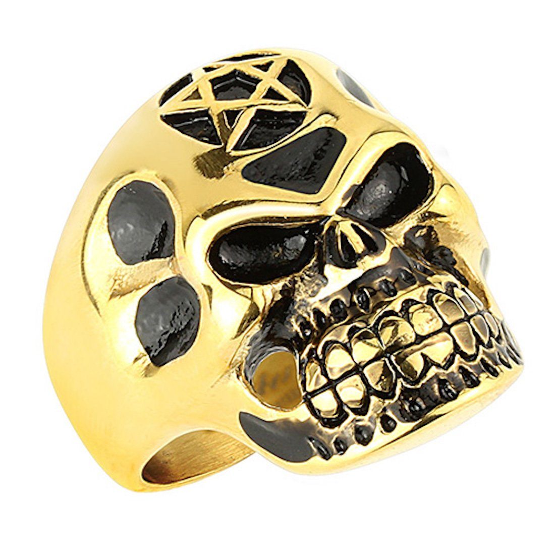 Taffstyle Fingerring Herren Ring Totenkopf mit Davidstern Gold IP, Herren Edelstahl Massiv Breit Herrenring Männer Biker Rocker Schmuck