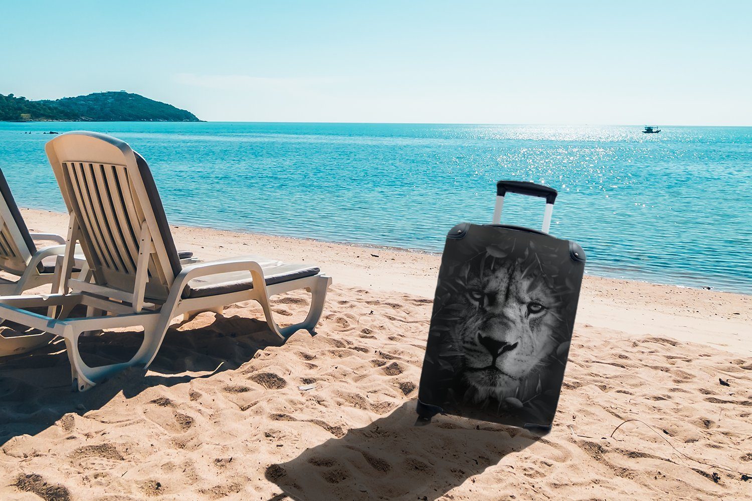 Reisetasche - Handgepäck weiß, schwarz Nahaufnahme und Blättern Trolley, Reisekoffer Handgepäckkoffer 4 für Dschungel MuchoWow Löwen Rollen, Ferien, mit rollen, mit eines im