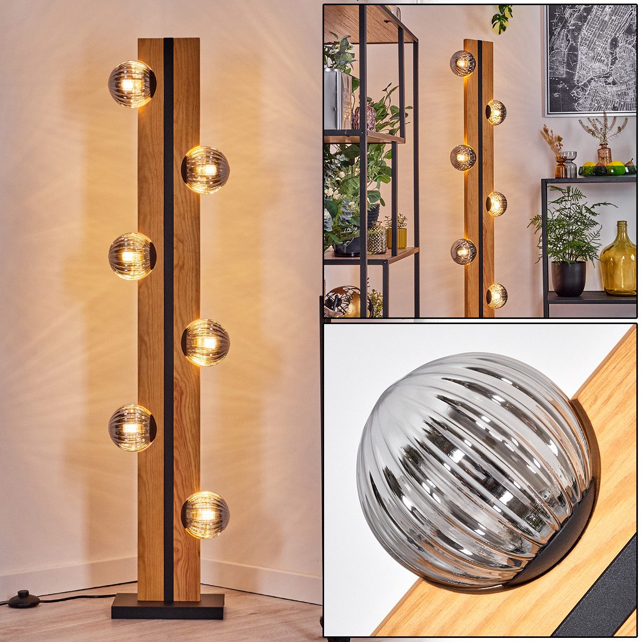hofstein Stehlampe Stehlampe aus Holz/Metall/Riffelglas in Natur/Schwarz/Rauchfarben, ohne Leuchtmittel, Stehleuchte im Retro/Vintage-Design mit Glasschirmen, 120 cm, 6 x G9