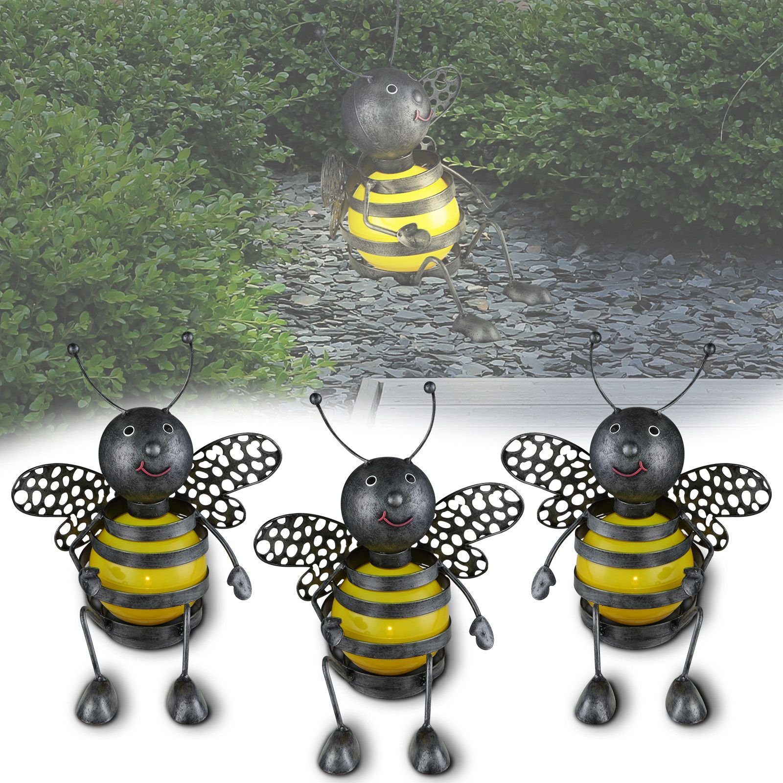 bmf-versand LED Solarleuchte LED Solarlampe 3er Set Solarleuchten Gartenleuchte Metall Biene Außen, Gartendeko, LED fest integriert, warmweiß, Dekofigur Dekoleuchte