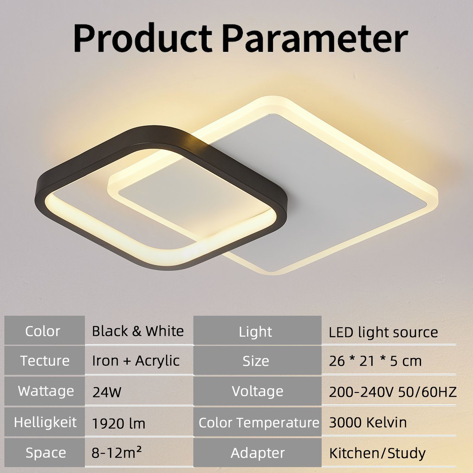 style home LED Deckenleuchte 24W Deckenlampe Metall Lampe Warmweiß 3000K, LED fest integriert, für Küche Diele Flur Schlafzimmer Wohnzimmer