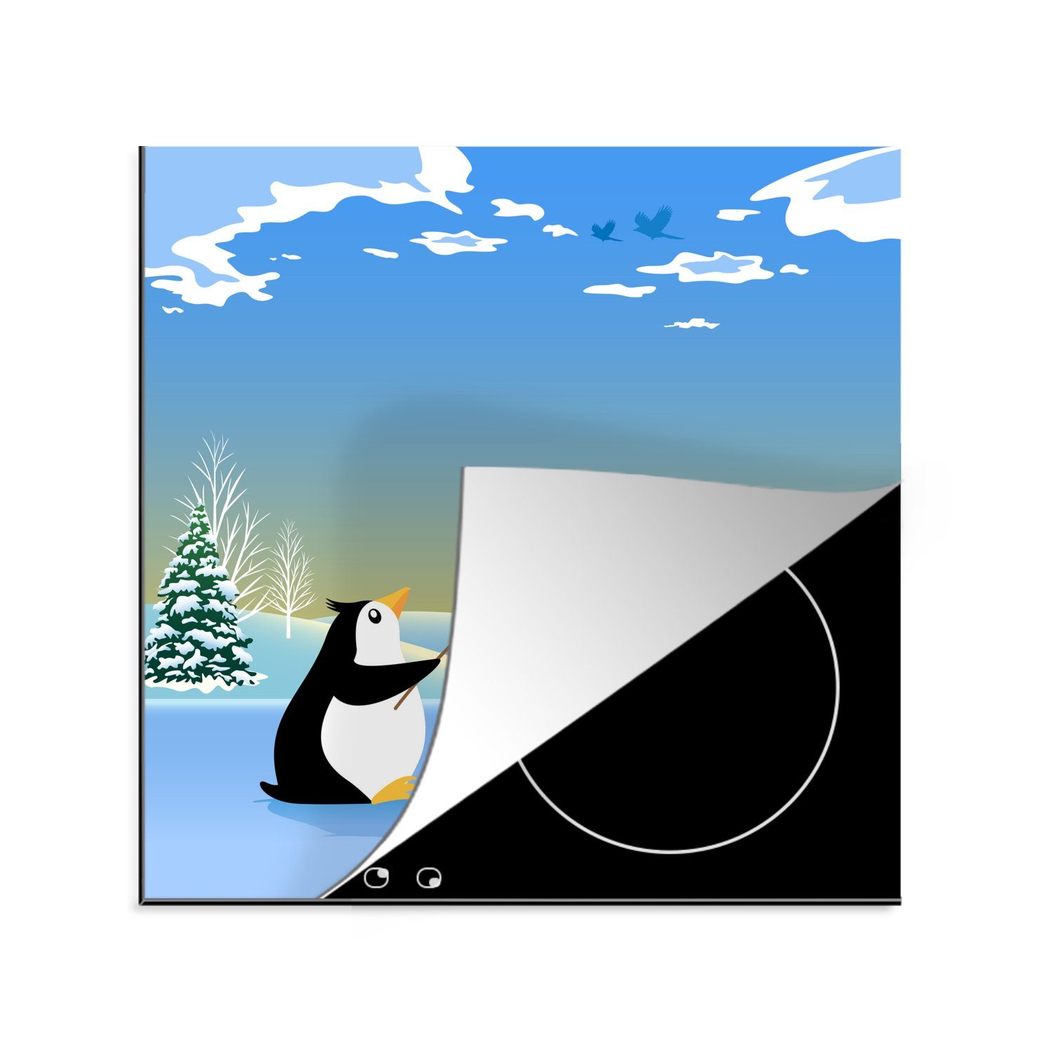 MuchoWow Herdblende-/Abdeckplatte Illustration eines fischenden Pinguins, Vinyl, (1 tlg), 78x78 cm, Ceranfeldabdeckung, Arbeitsplatte für küche