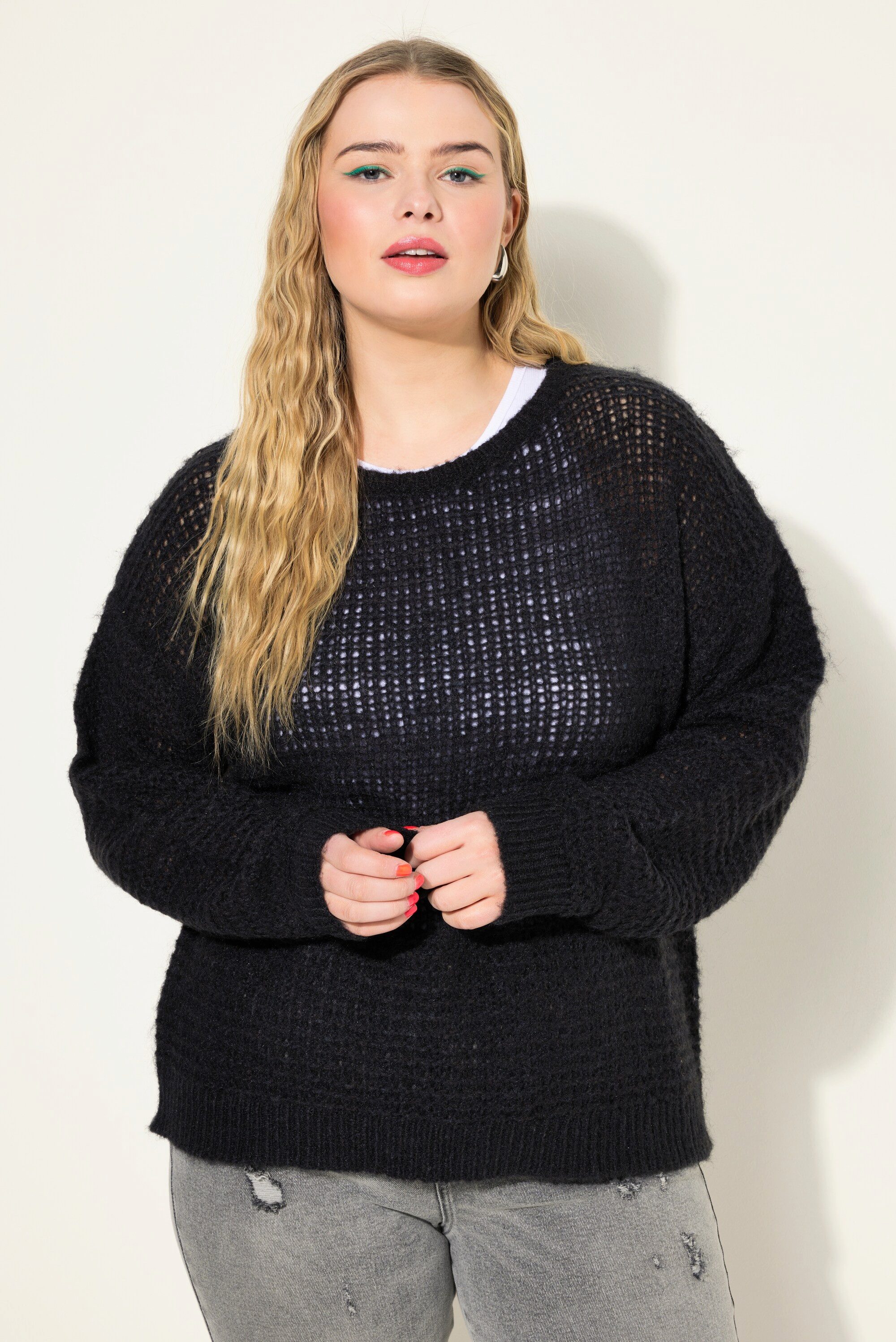 Strickpullover Pullover Boxy Shape Lochstrick Rundhals Langarm