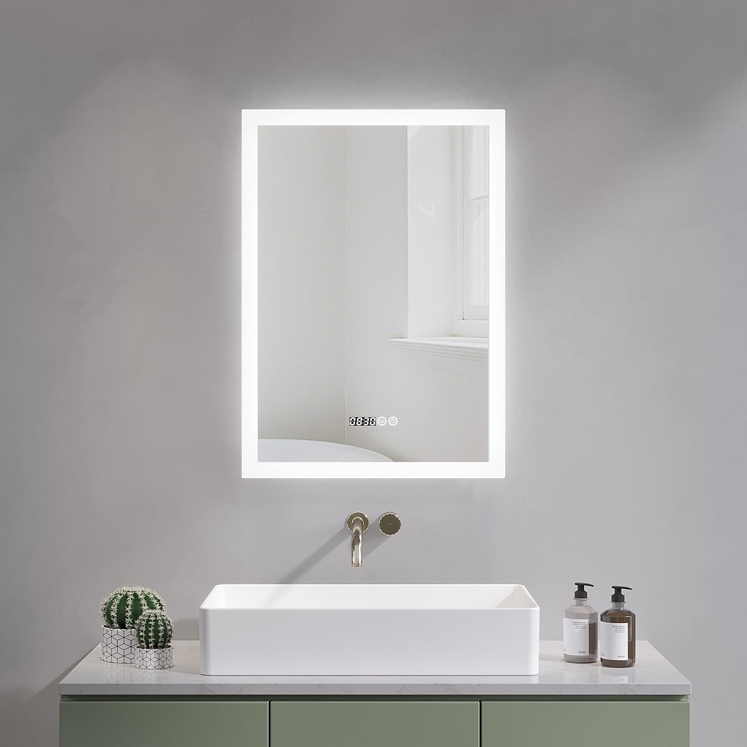AQUABATOS Schminkspiegel 50x70cm Badspiegel Badezimmerspiegel mit LED Beleuchtung Wandspiegel, Bad Kosmetikspiegel mit Digitaluhr 3 Lichtfarben Dimmbar Beschlagfrei
