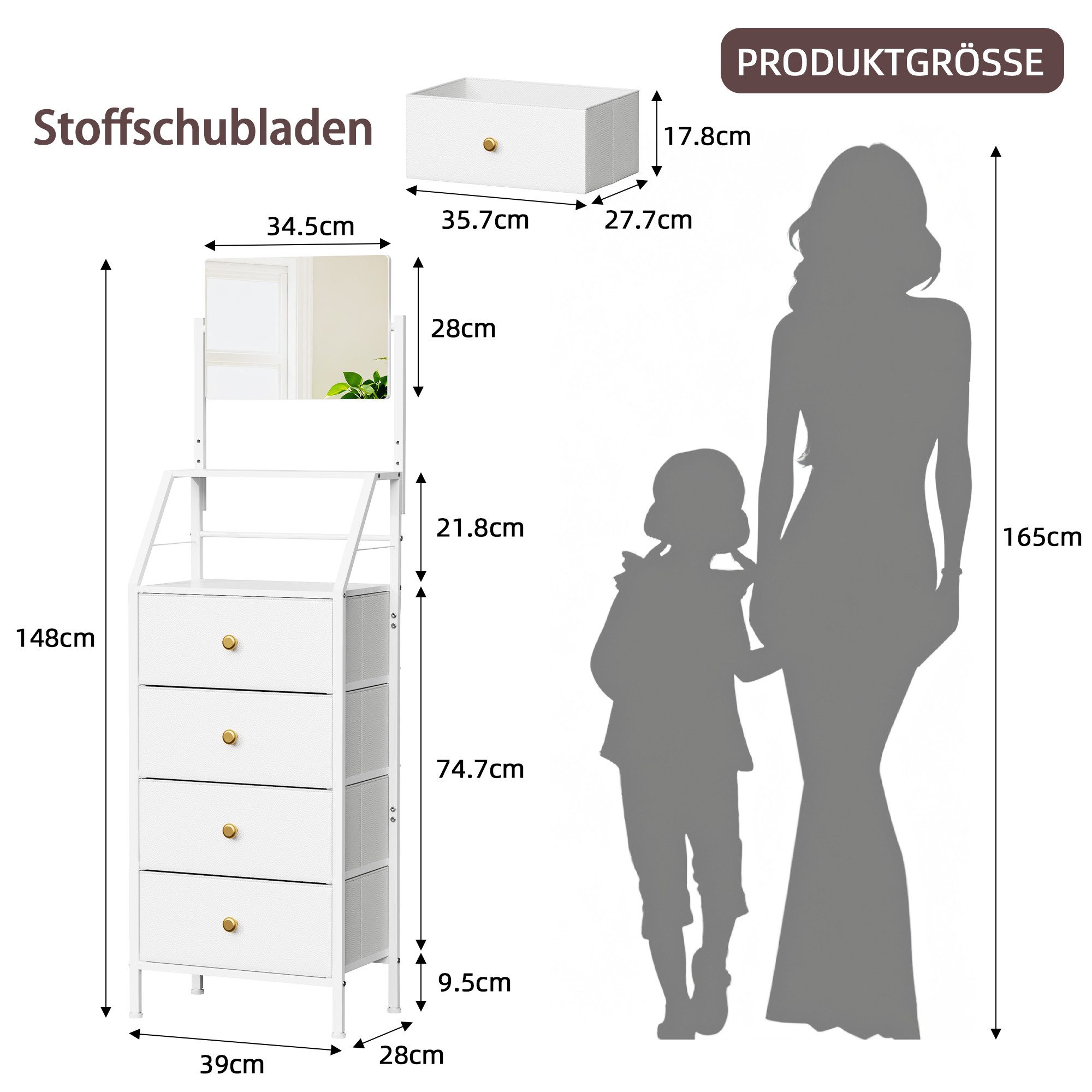 OYRREU Schminkschrank mit Spiegel, 4 Stoffschubladen, 147 cm hohe Kleiderkommode (2-in-1 Spiegel-Kommode) platzsparendes Hochdesign, kippsicher