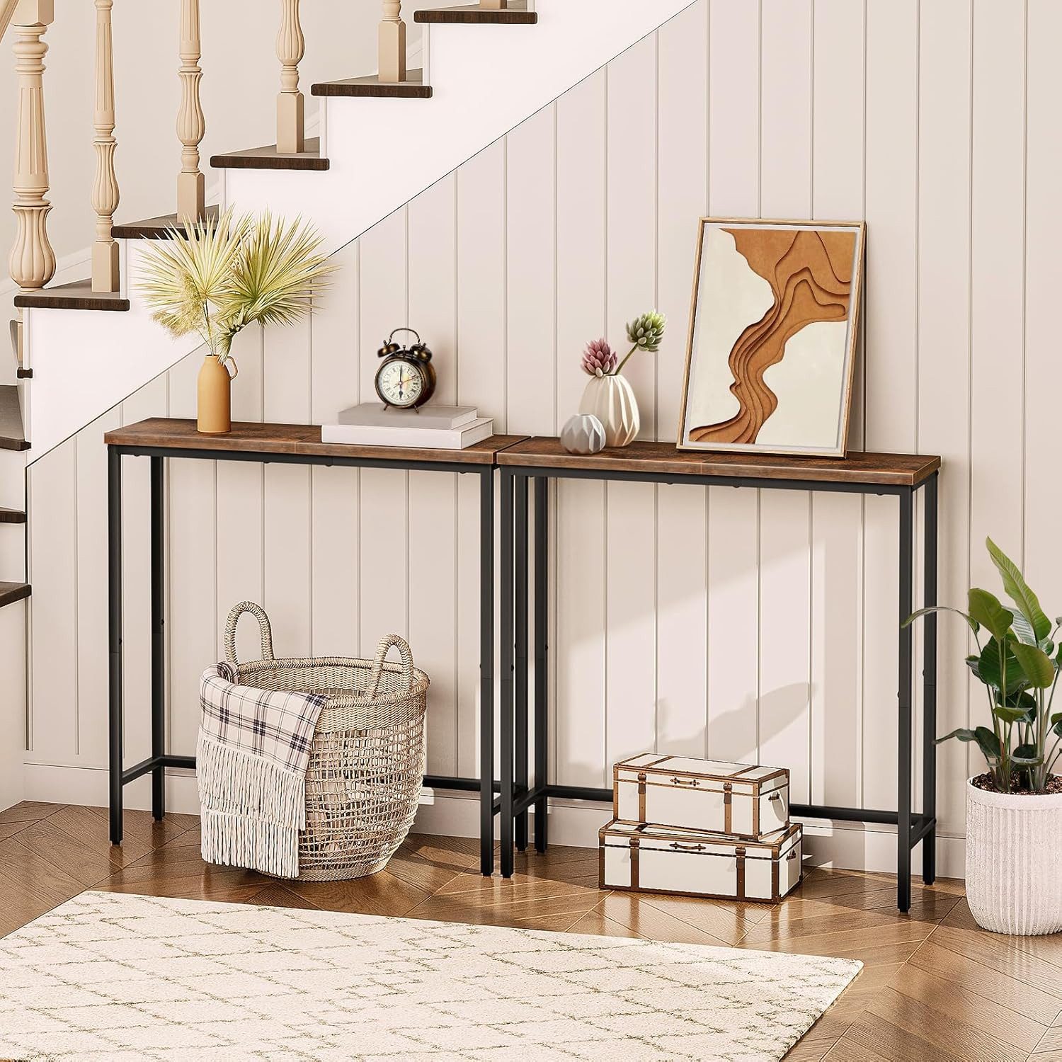 BlingBin Konsolentisch 75 cm Beistelltisch, Schmaler Flurtisch, Kleiner Ausstellungstisch (2 Stück, 2-St., 24T x 75B x 75H cm), Sofatisch für kleinen Raum, für Eingang, Flur, Dunkelbraun-Schwarz