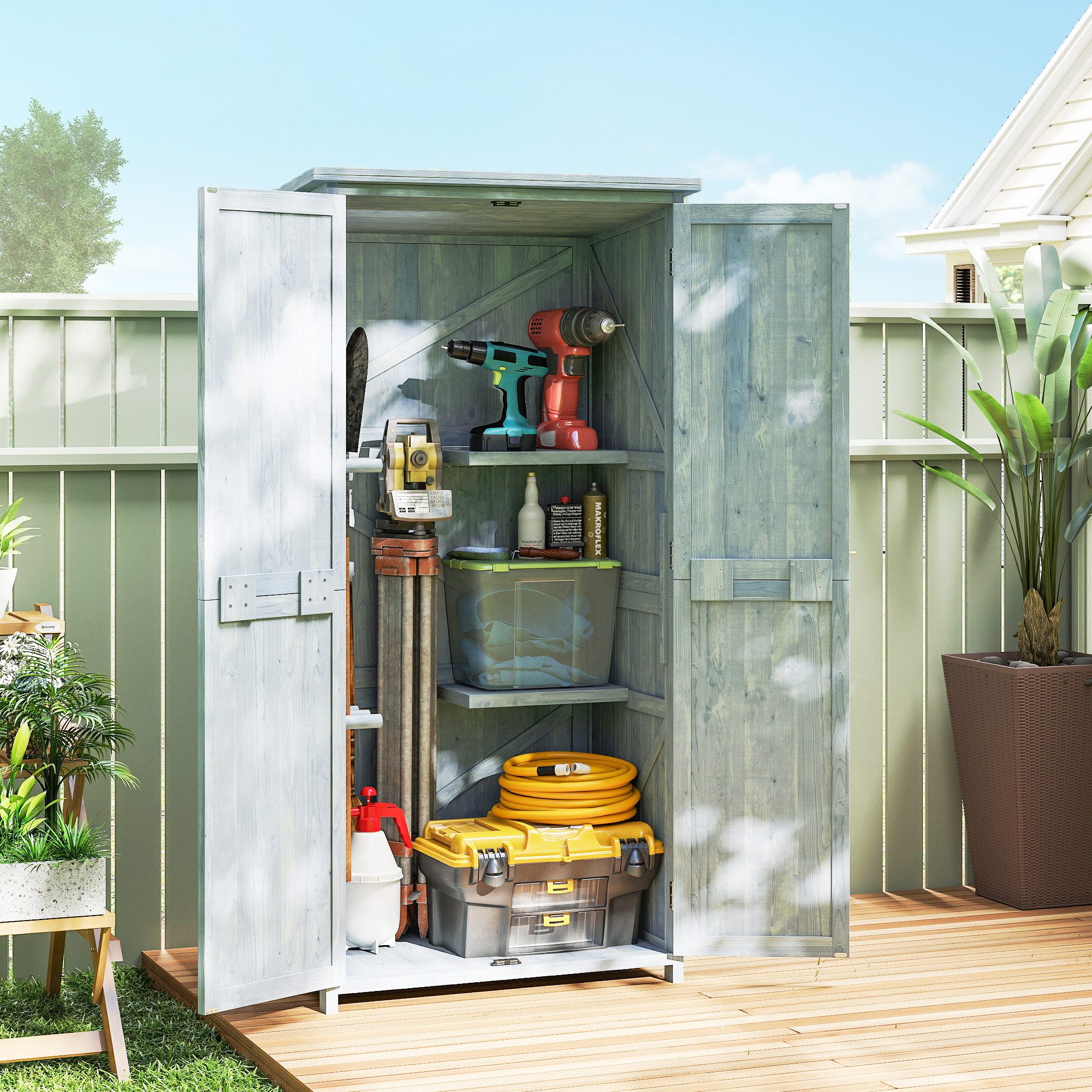Outsunny Garten-Geräteschrank Gartenschrank Holz Outdoor wetterfest mit Doppeltür, BxT: 85x54 cm, (Outdoor wetterfest Geräteschuppen, 1 St., Holz Gartenschrank), für Garten, Terrrasse 85 x 54 x 170 cm Grau