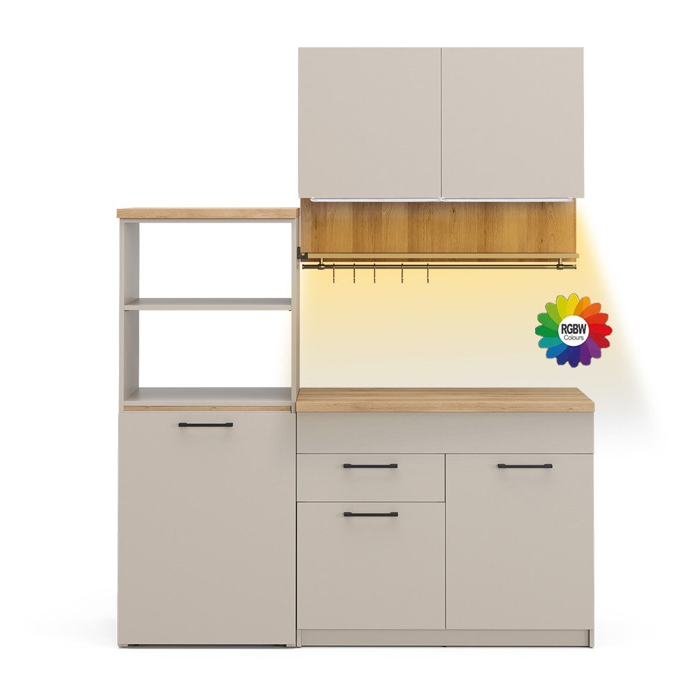 Vicco Küchenzeile Egbert, Greige/Artisan-Eiche, 160 cm mit ausziehbarem Tisch mit LED...
