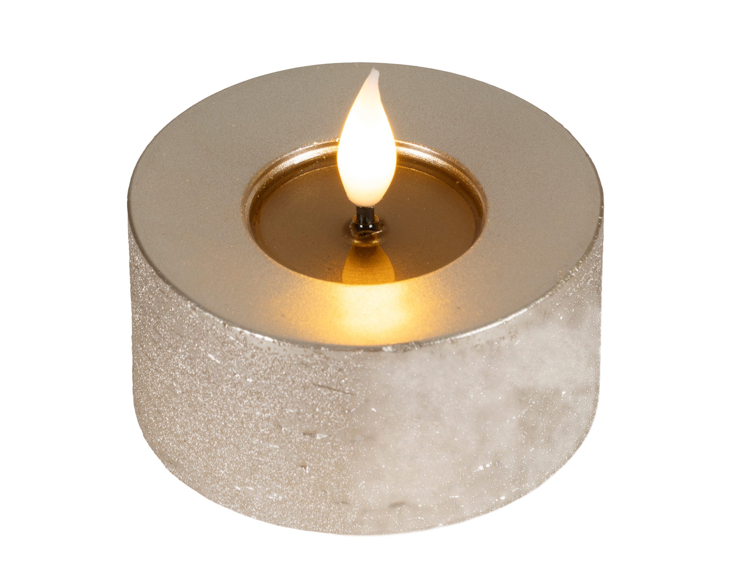 Lumineo LED-Kerze, Timer, warmweiß, LED Kerzen 6x7,5cm mit Timer Wachs 2 Stück - Flacker-Effekt Hellgrau