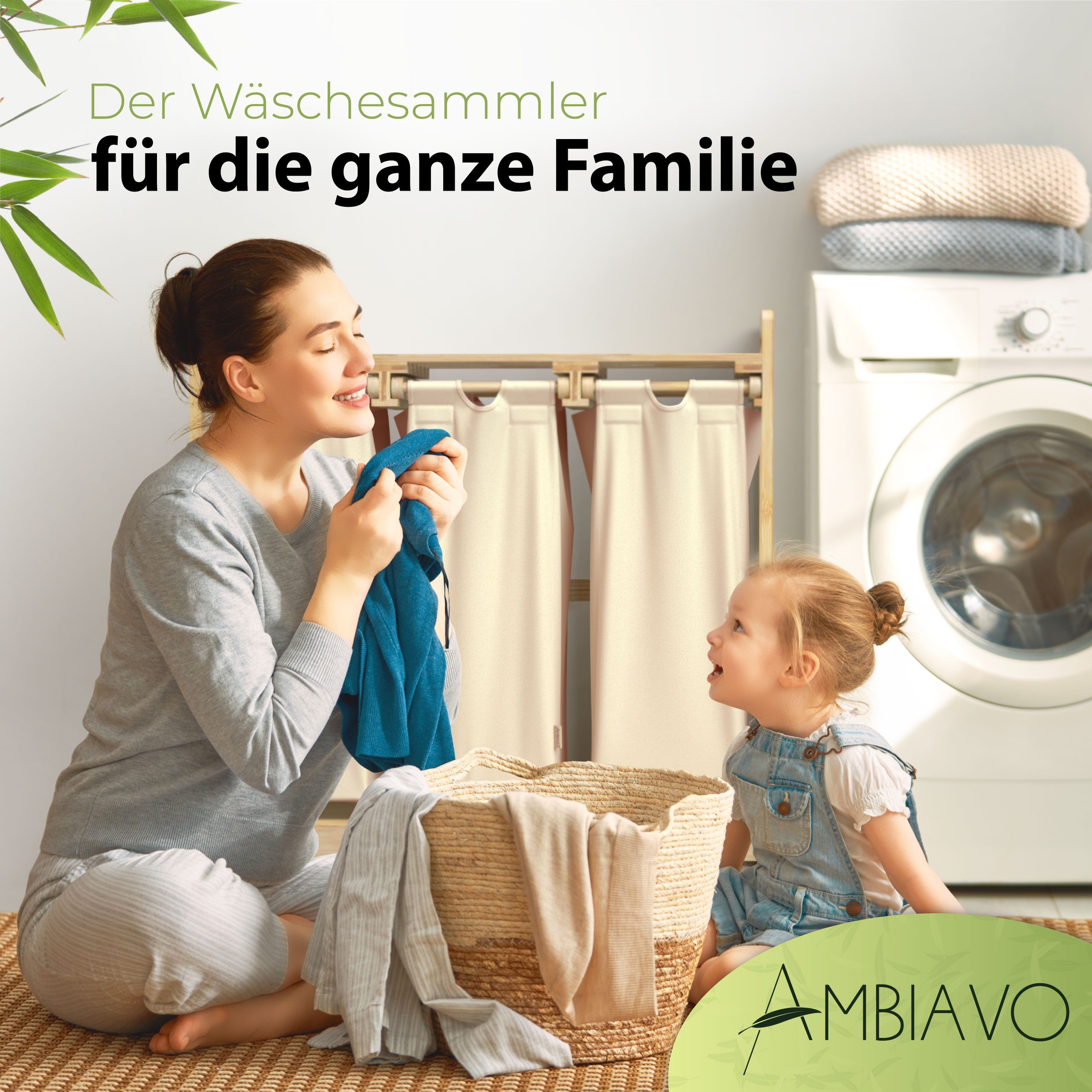 AMBIAVO Wäschekorb 3 Fächer aus Bambus und Baumwolle, mit Ablage – Bild 5 von 5