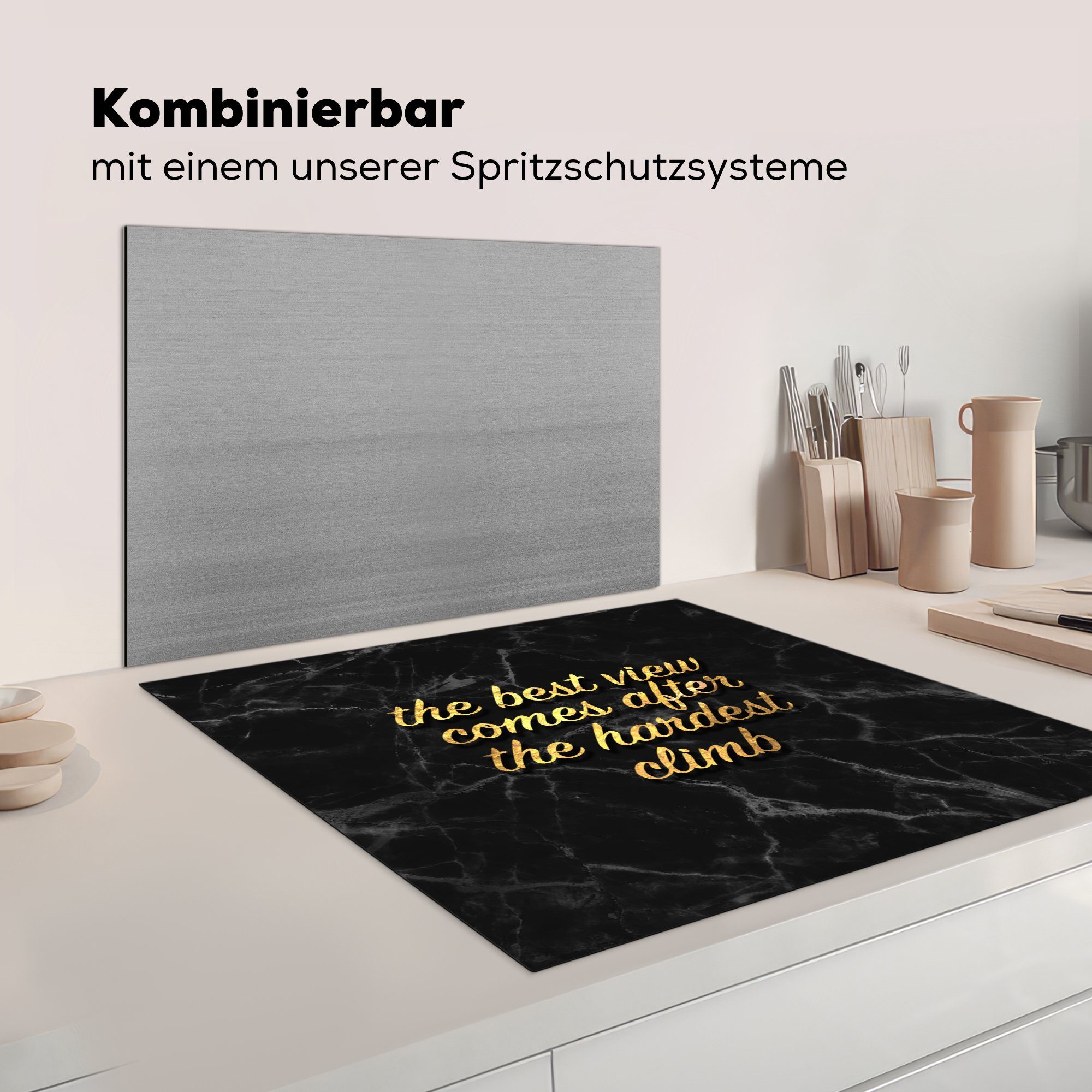 78x78 für - Vinyl, (1 küche Zitate - Herdblende-/Abdeckplatte cm, - Arbeitsplatte MuchoWow Ceranfeldabdeckung, Gold Sprichwörter Marmor, tlg),