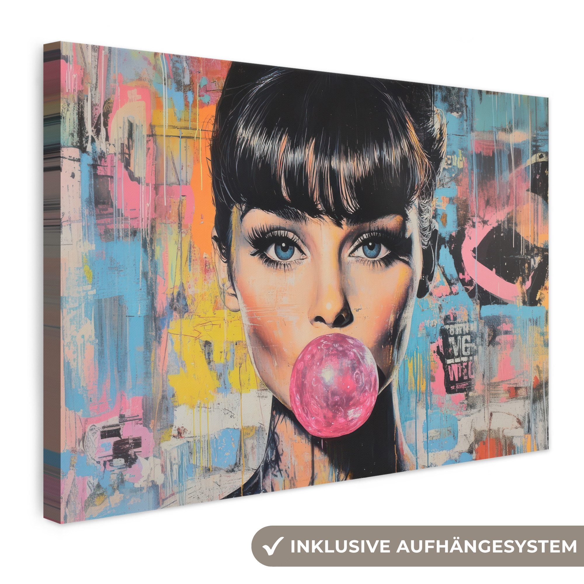 OneMillionCanvasses® Leinwandbild Kaugummi - Frau - Pinselstriche - Modern, Fotodruck (1 St), Leinwand Bilder Klein, Wand Dekoration Aesthetic 30x20 cm