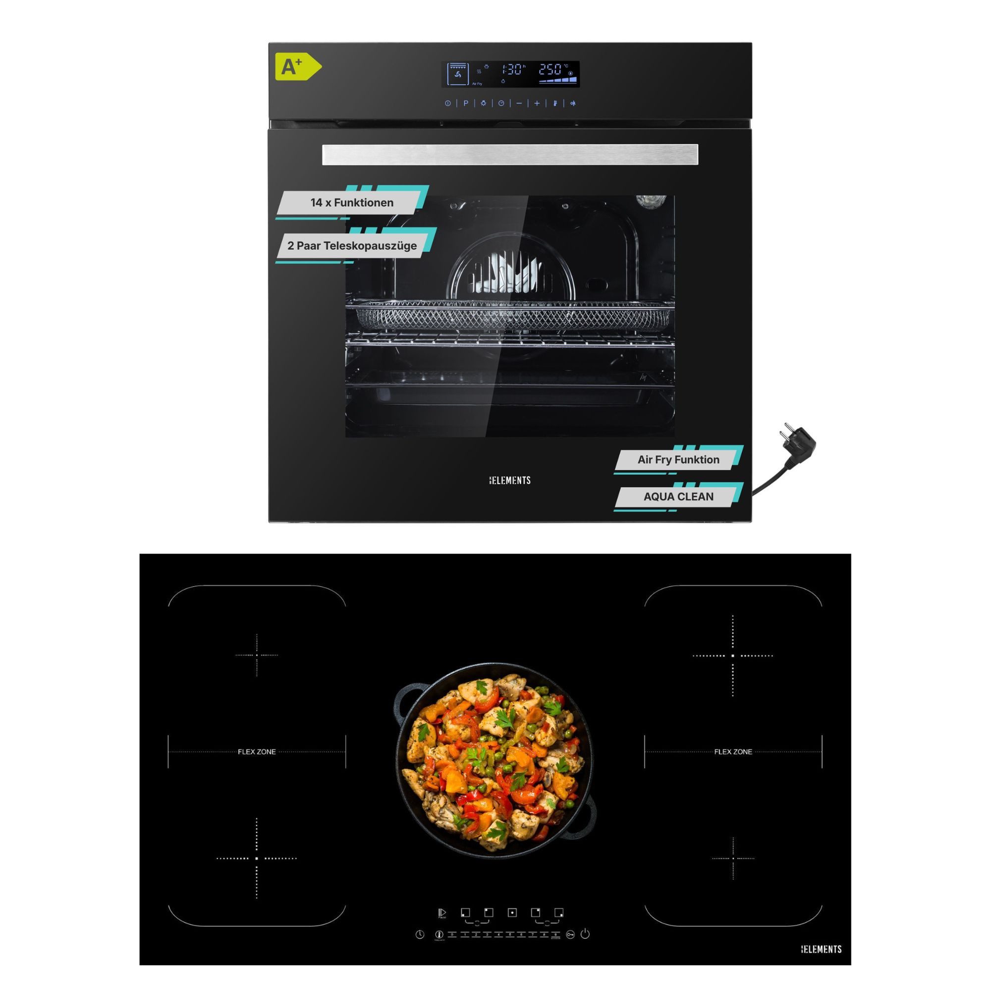 KB Elements Induktions Herd-Set KBE Einbaubackofen 60 cm mit 5-Zonen Induktionskochfeld 90cm, mit 2-fach-Teleskopauszug, Einbaubackofen Full Touch mit 15 Funktionen, doppelte Flexzone