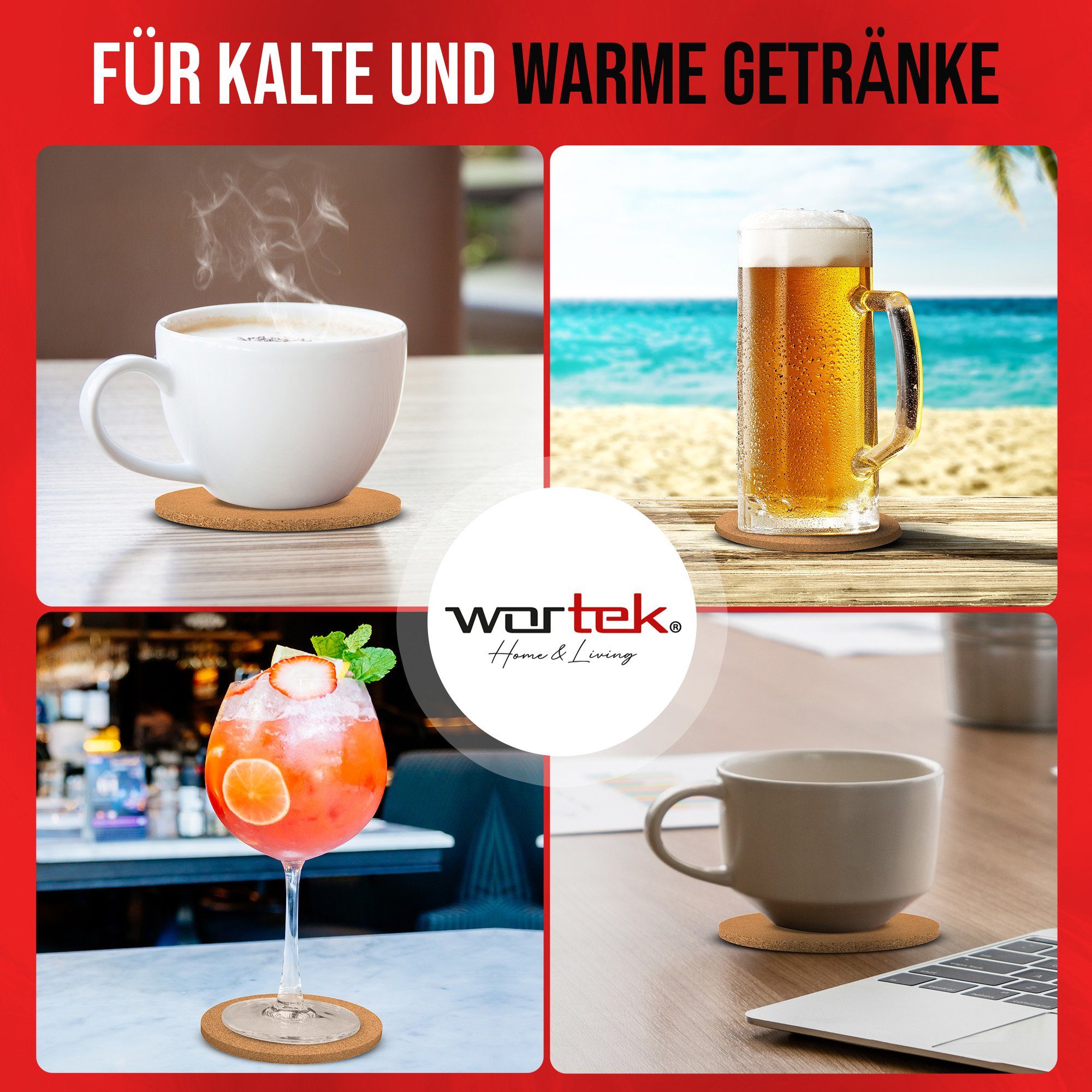 wortek Getränkeuntersetzer Kork Untersetzer Getränkeunterlage Braun, Zubehör für Getränke, Gläser, Tassen, 10er Set, 10-tlg., Kork Glasuntersetzer für Getränke - Tischuntersetzer aus Kork Ø 10 cm