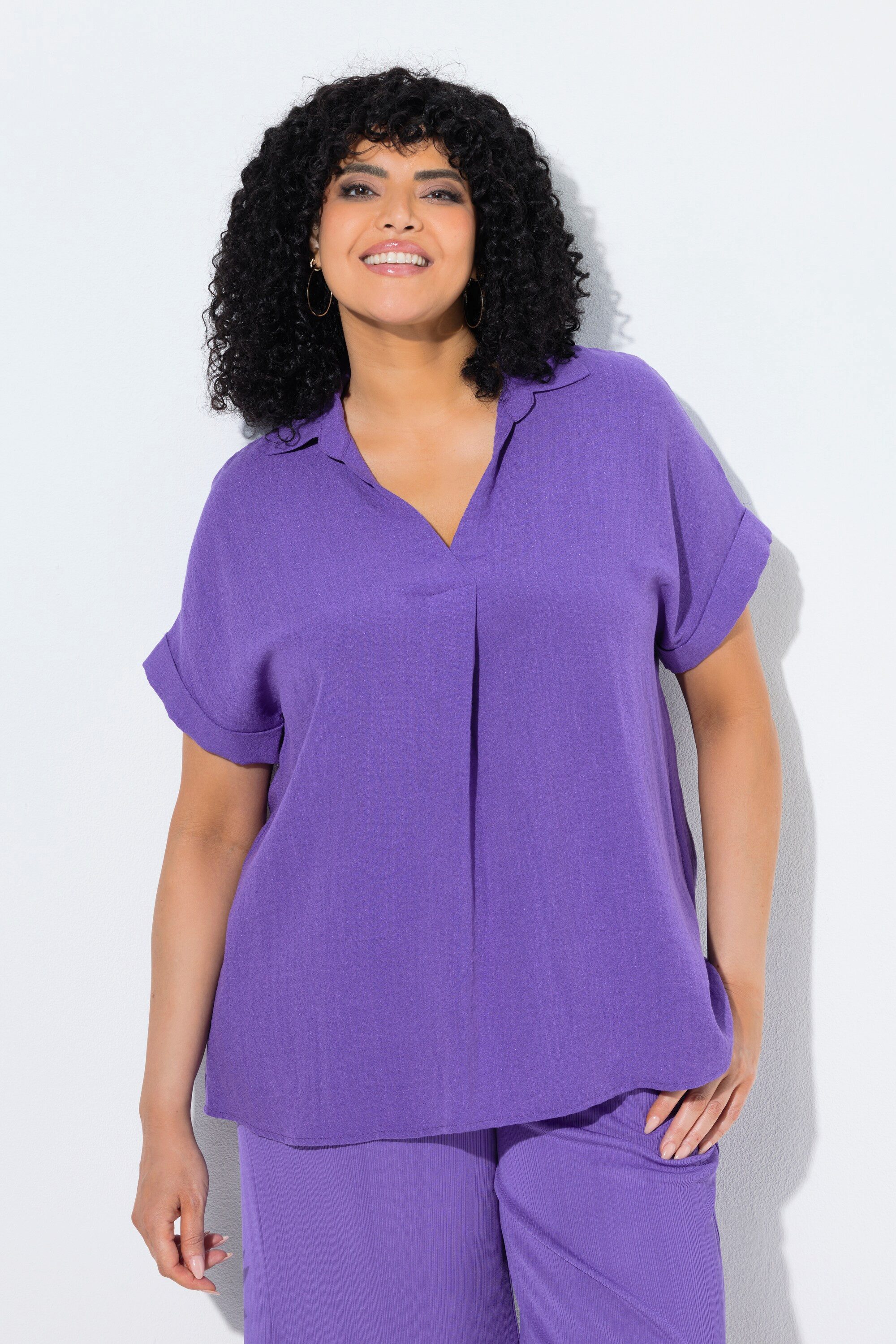 Ulla Popken Tunika Bluse Rücken-Knöpfe Oversized Zierfalte Halbarm