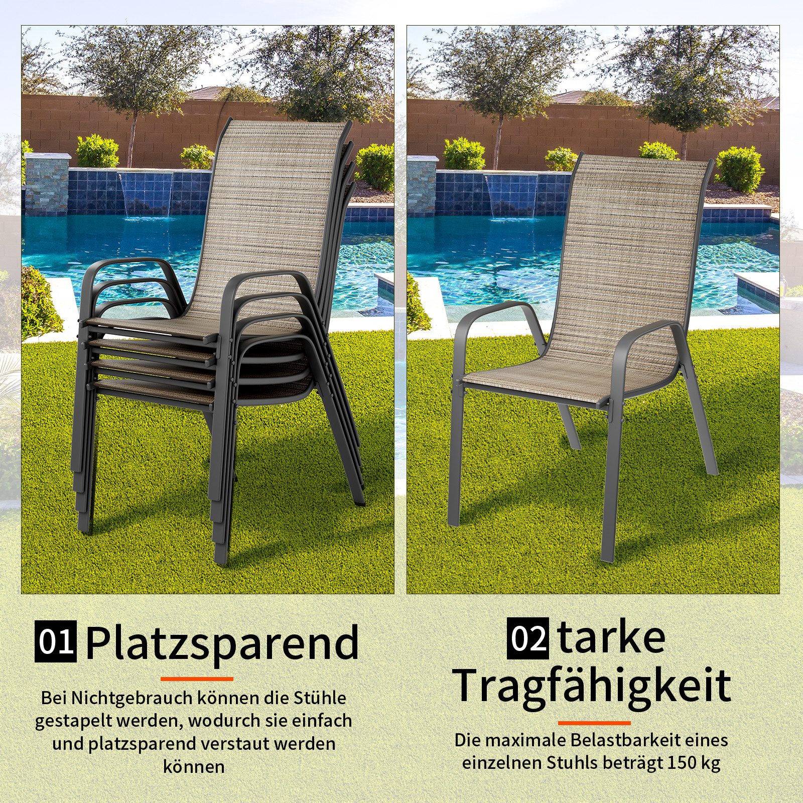 TLGREEN Stapelstuhl Gartenstühle Stapelstuhl,Camping Stapelbar Hochlehner, (Terrassenstuhl Textilene Stahlgestell für Gärten Innenhöfe Balkone Restaurants, 6 St – Bild 5 von 5