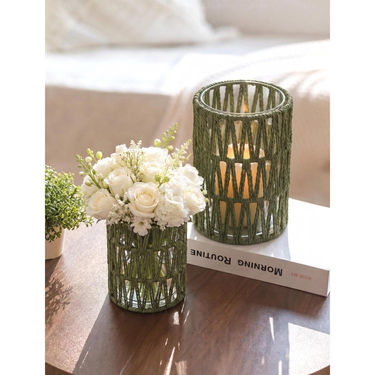 LuxusKollektion Windlicht Windlicht Rattan Salbeigrün 2er Set 20/15cm (1 St)