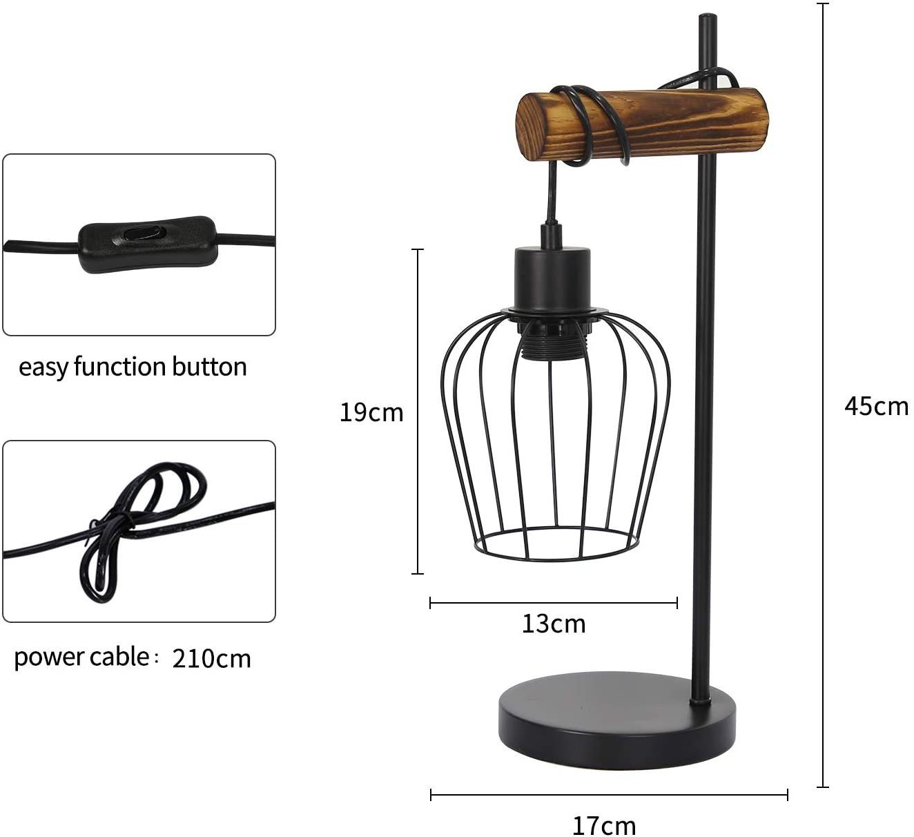 ZMH Tischleuchte Wohnzimmer Retro Schwarz-Holz Nachttischlampe Industrial Design E27, ohne Leuchtmittel, 1 Flammig Vintage Tischleuchte im Industrial Design aus – Bild 5 von 5