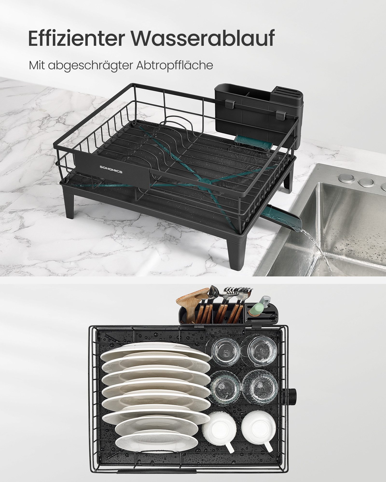 SONGMICS Geschirrständer Abtropfgestell Geschirr Abtropfständer, Abtropfgestell Geschirr, 360° drehbarer und ausziehbarer Ablauf – Bild 4 von 5