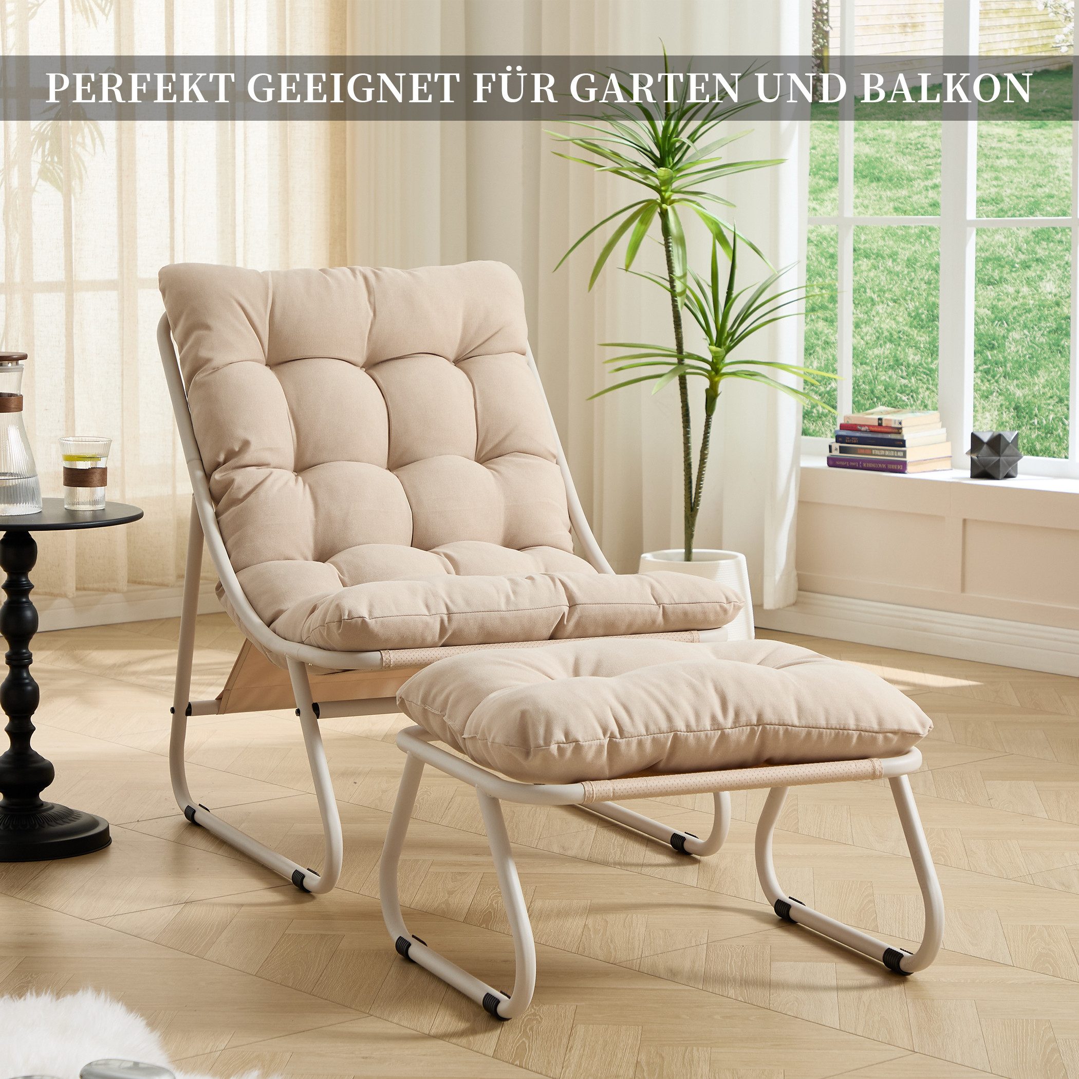 SeedWave Loungesessel mit Ottoman Liegestuhl Stahlgestell Gartenstuhl mit Trennbaren Pölster (bestehend aus Sessel und Hocker), Outdoor Terrassenstuhl für Garten usw. Außenbereich