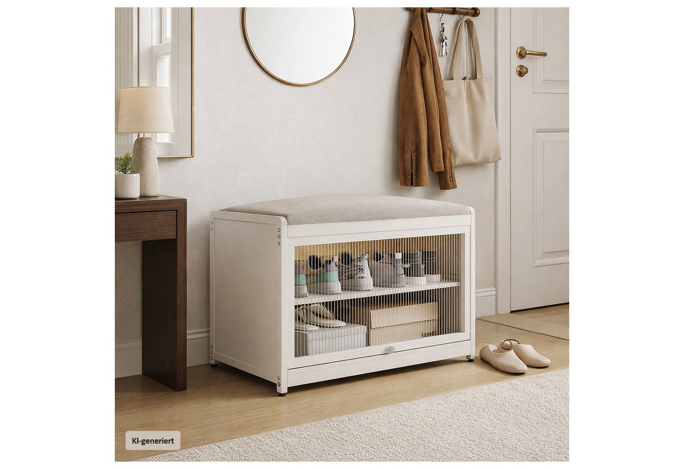 HTI-Living Schuhschrank mit Schiebetür und Sitzkissen Beige (1 Stück, 1-St., 1 Schuhschrank mit Sitzkissen) Sitzkissen mit Polyesterbezug in Leinenoptik