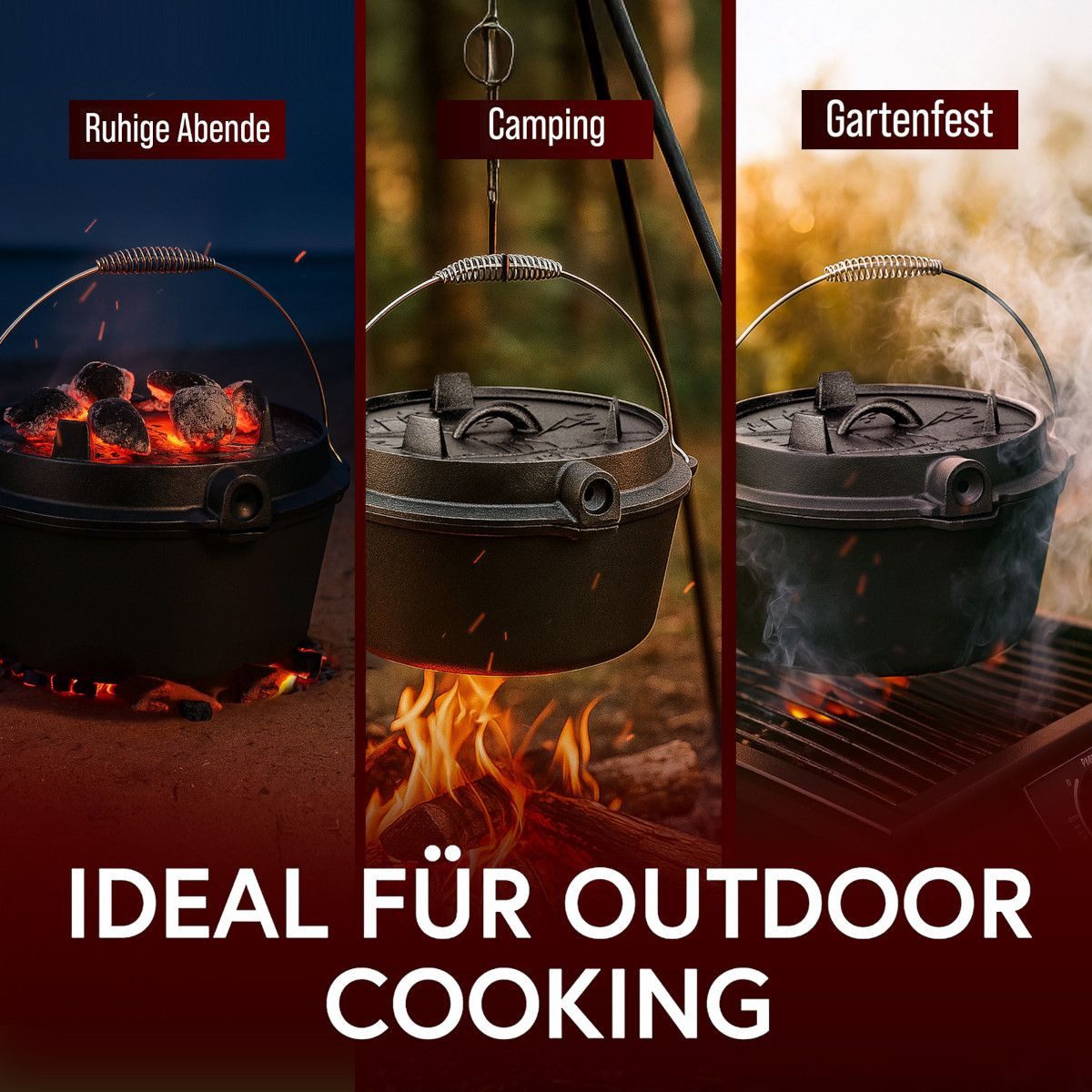GUSSKÖNIG Schmortopf Dutch Oven Set 9 Liter ohne Füßen 2in1 Deckelheber Bürste Rezeptbuch