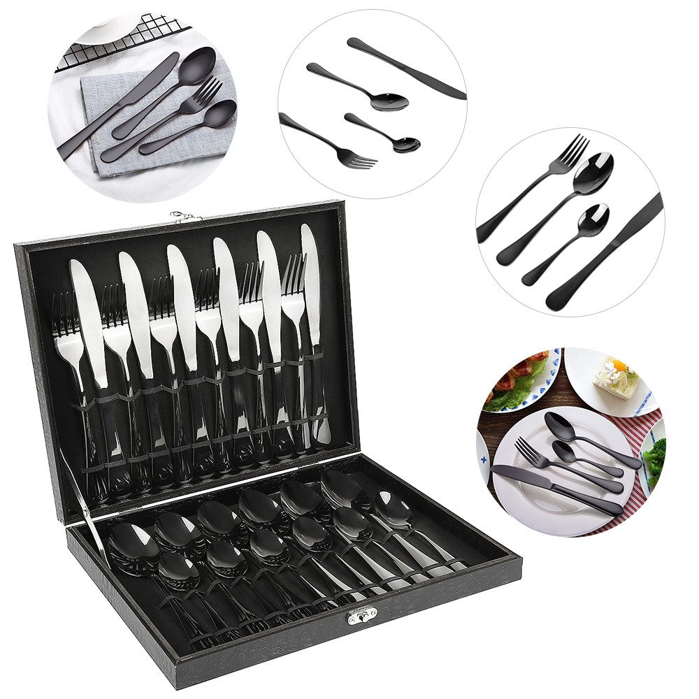 JEOBEST Besteck-Set Besteck Set 6 Personen, Essbesteck Set, Hochwertiges Edelstahlbesteck, 6 Personen, 24 teilig Edelstahl Besteckset Schwarz Matt, Spülmaschinenfest
