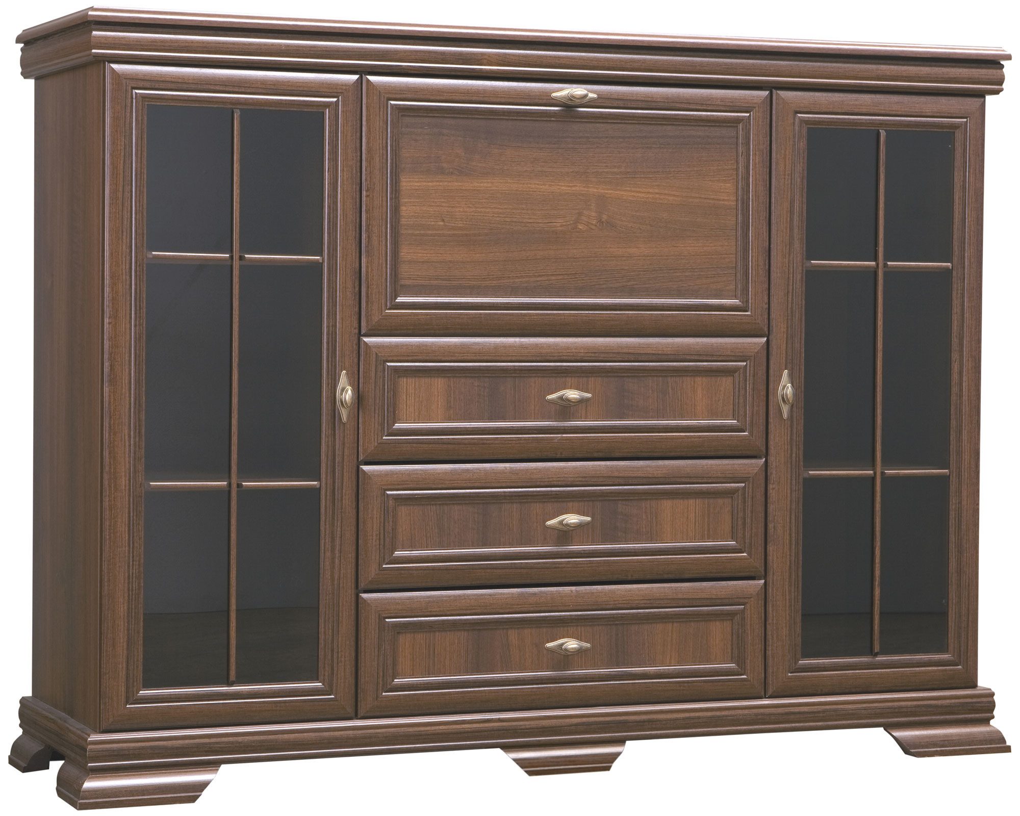 Feldmann-Wohnen Highboard Kora (2 Glastüren, 1 Klappe, 3 Schubladen, 4 Einlegeböden, 1 St., klassisch elegante Optik, Metallgriffe, MDF-Aufleistung), 158x46x117cm Samoa King