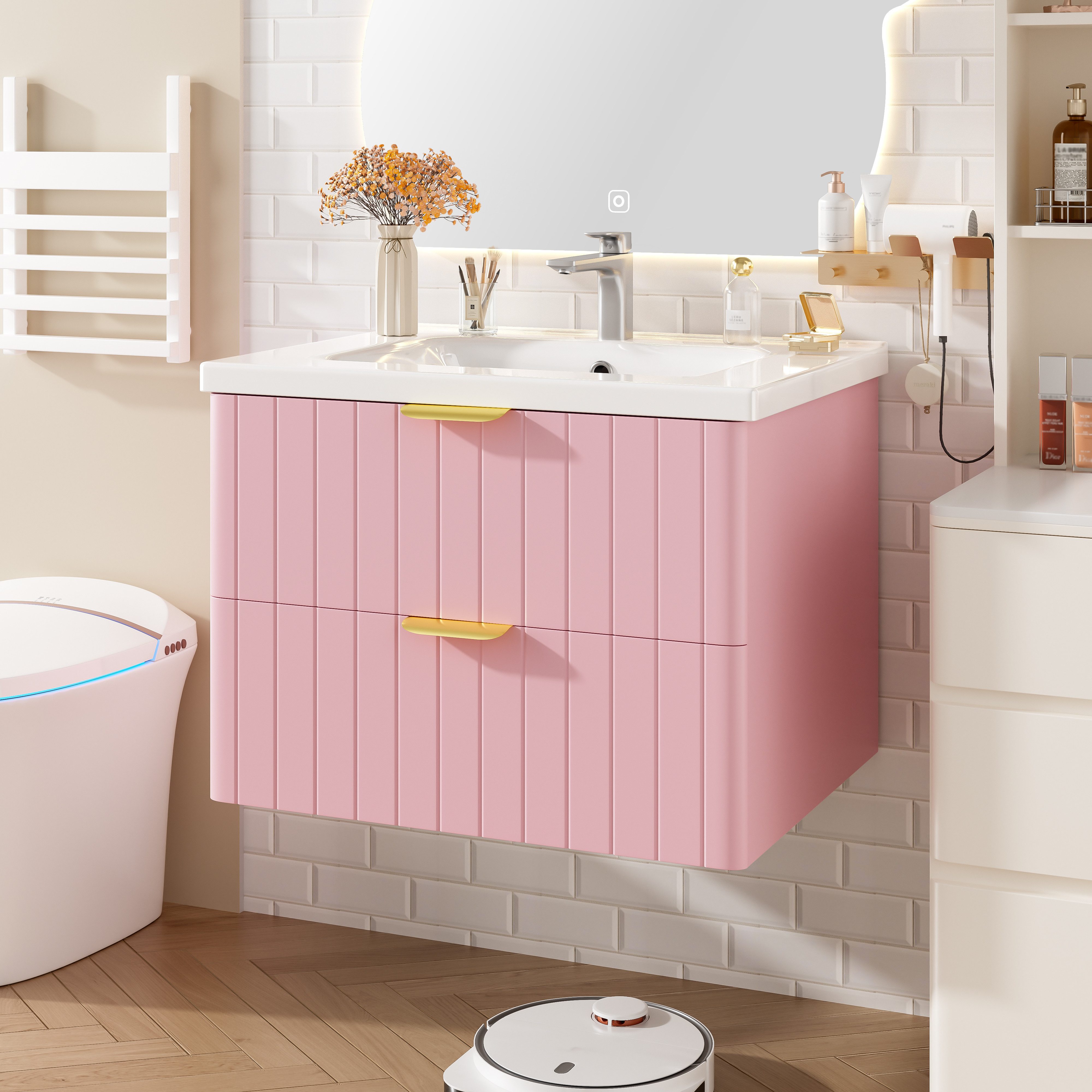 Merax Waschbeckenunterschrank hängend, mit Keramik-Waschbecken, 2 Schublade (1-St., Waschtisch, Kleiner Badezimmerschrank) 60,5x47,5x47 cm, Rosa