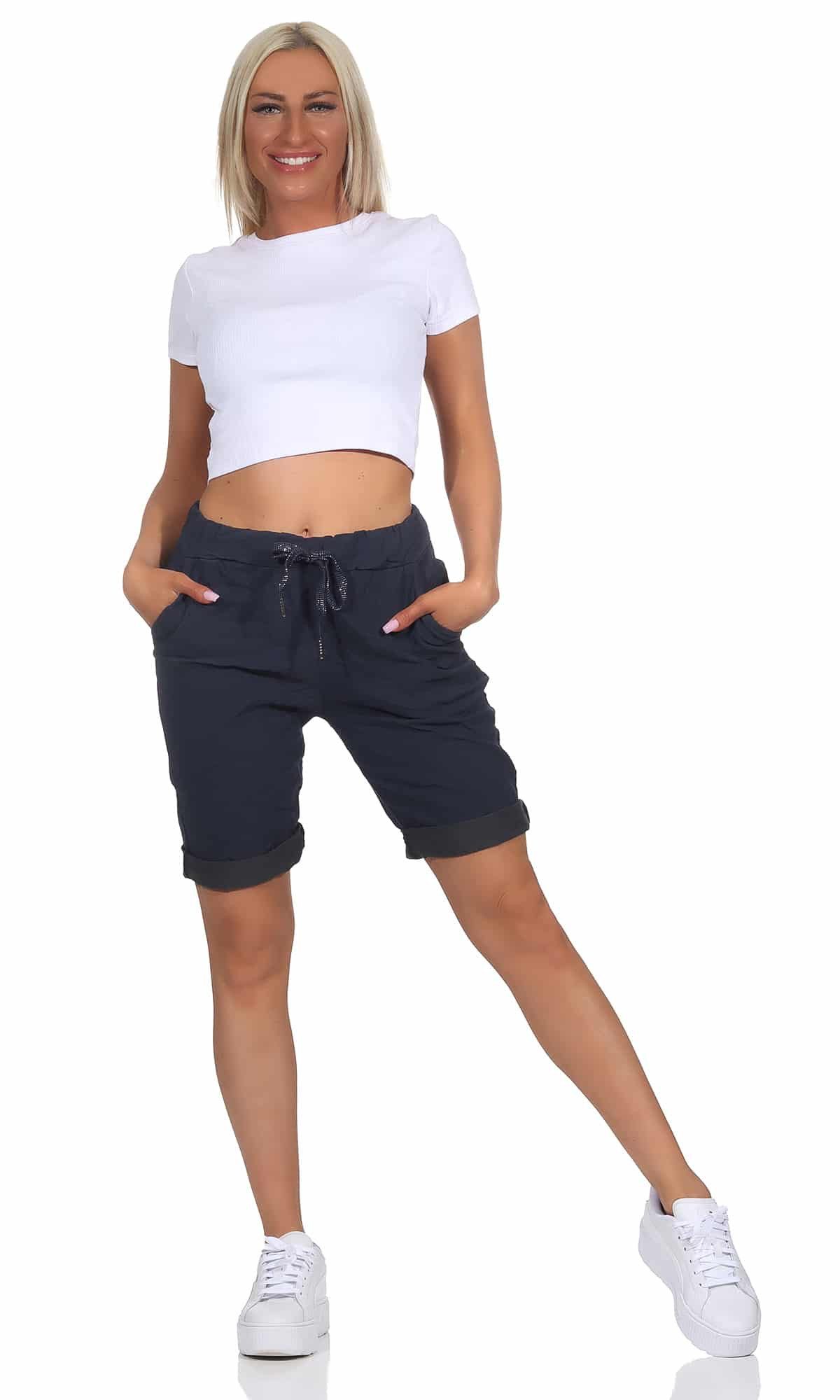 OriginalYou Chinoshorts Damenhose Kurze Damen Sommerhose Chino Shorts Schlupf Bermuda Stretchgewebe in modernem Knitterlook, elastischer Bund mit Kordelzug