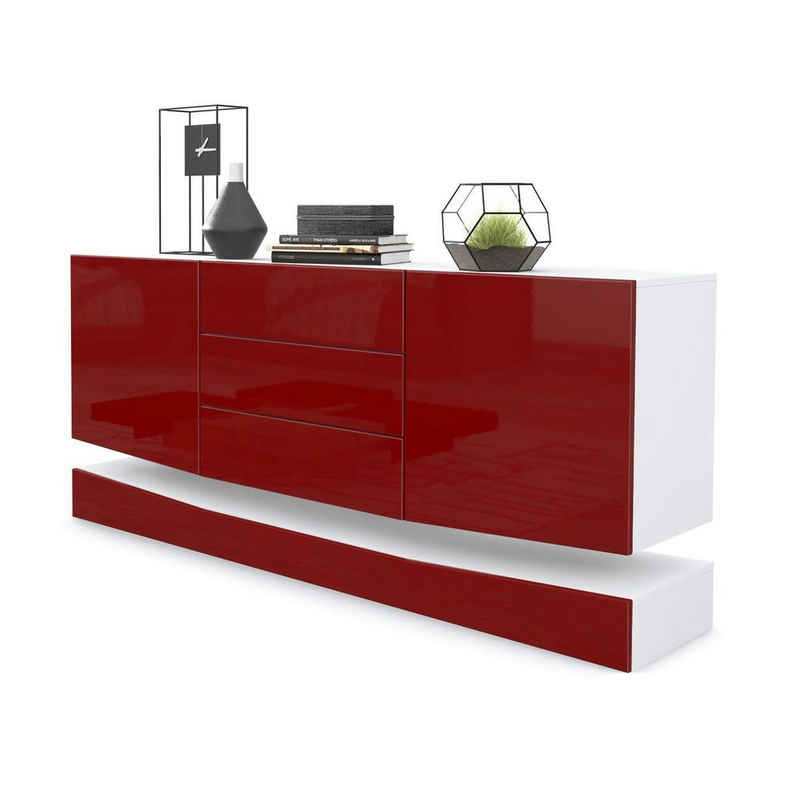 Vladon Sideboard City (Kommode, mit 2 Türen und 3 Schubladen), Weiß matt/Bordeaux Hochglanz (178 x 72 x 38 cm)