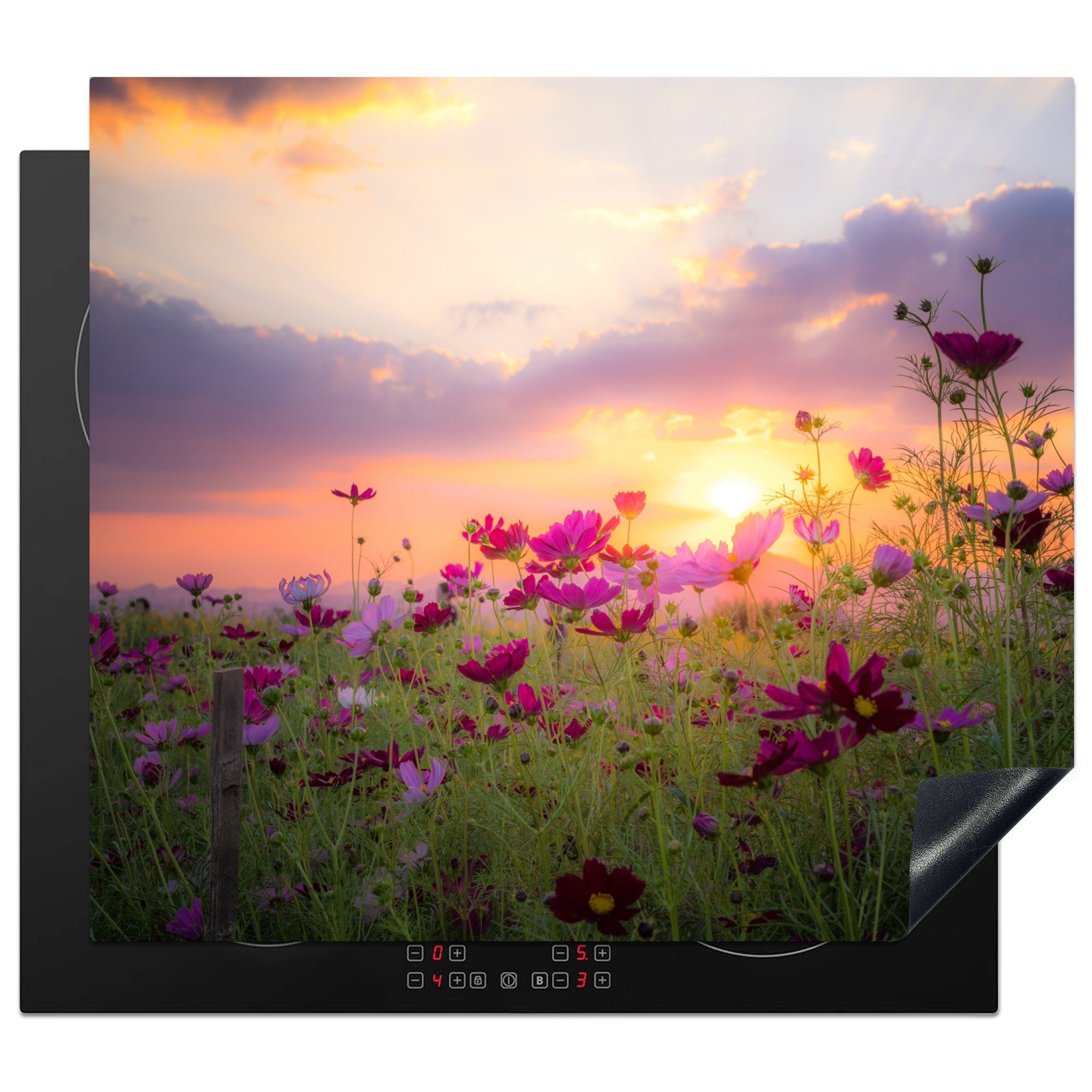 MuchoWow Herdblende-/Abdeckplatte Sonnenuntergang - Blumen - Rosa - Natur - Grün, Vinyl, (1 tlg), 57x51 cm, Induktionsschutz, Induktionskochfeld, Ceranfeldabdeckung
