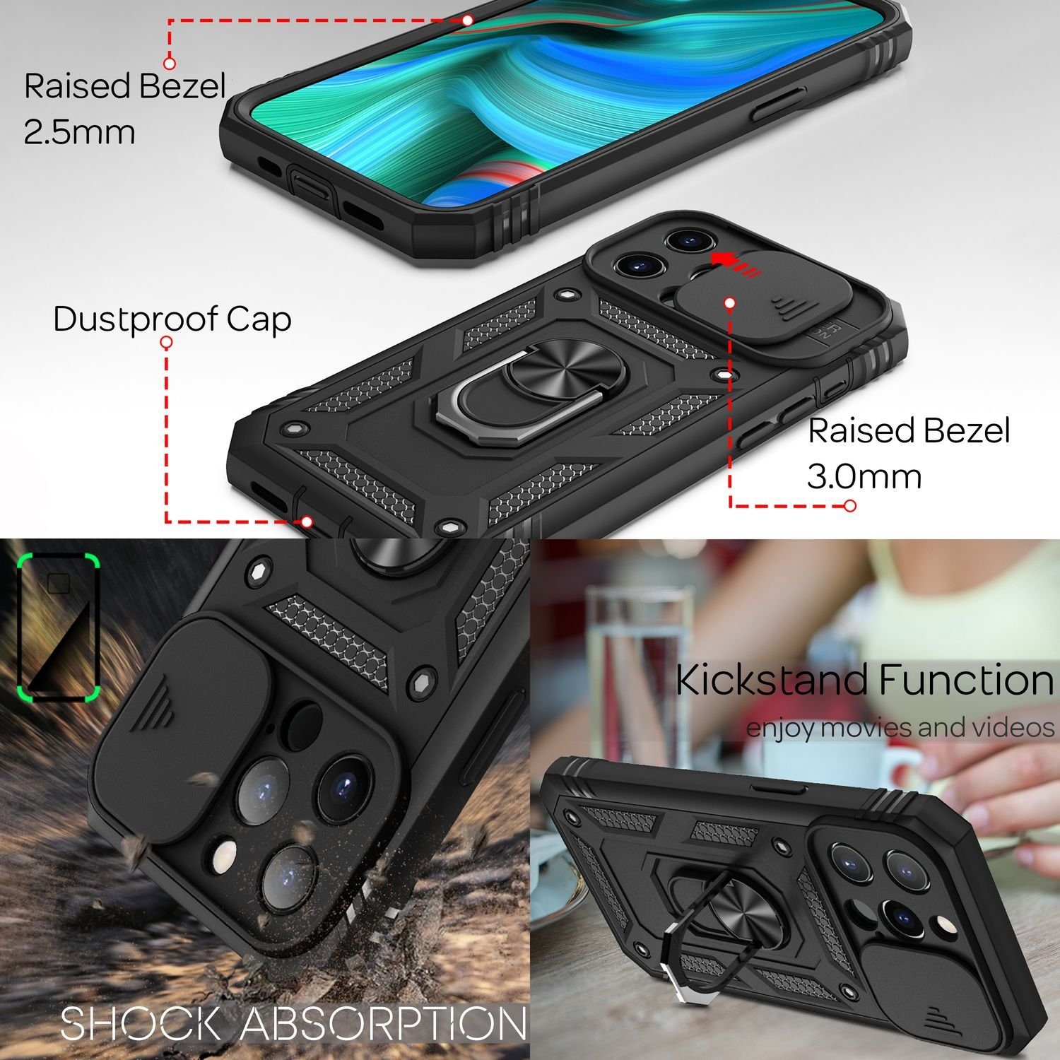 Nalia Smartphone-Hülle Apple iPhone 13 Pro 15,5 cm (6,1 Zoll), Outdoor Military-Style Ring Hülle / Kamera-Abdeckung & Display-Rahmen