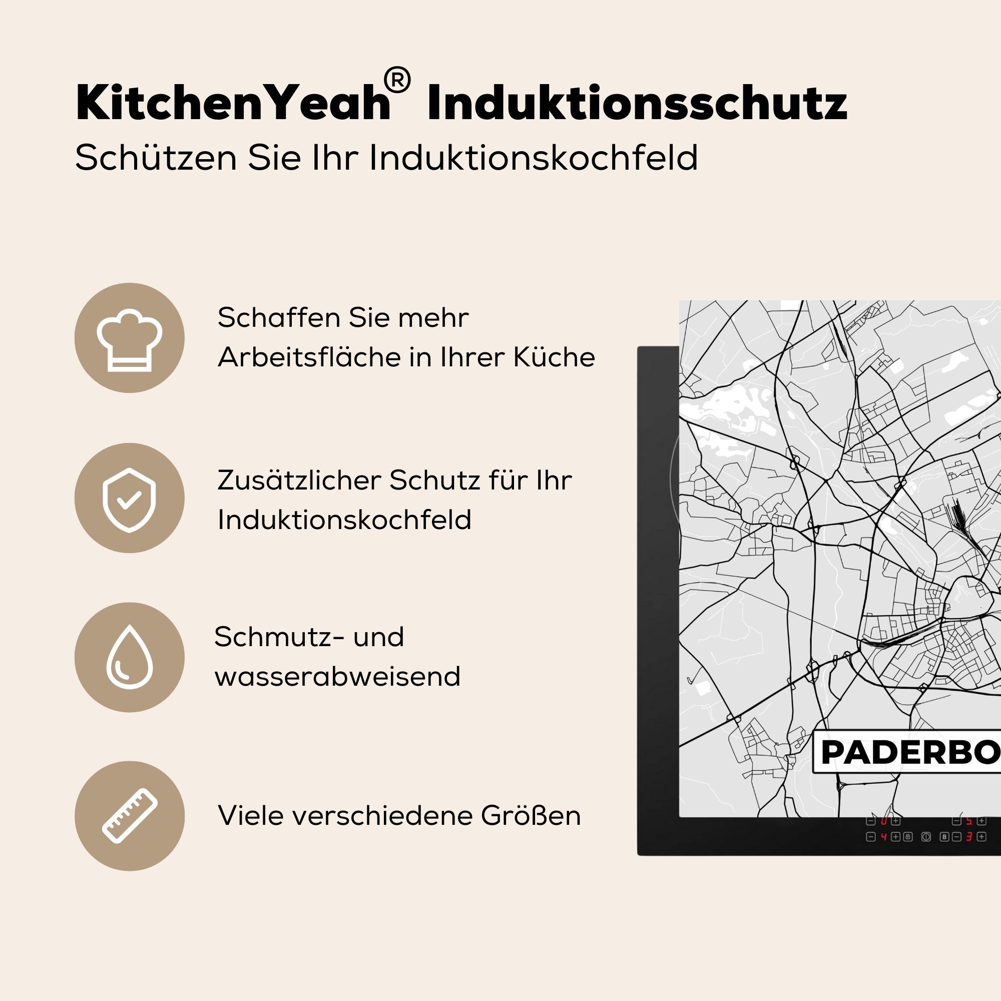 MuchoWow Herdblende-/Abdeckplatte Karte Paderborn, Arbeitsplatte küche (1 - cm, Stadtplan für Ceranfeldabdeckung, 78x78 - Deutschland - tlg), Vinyl